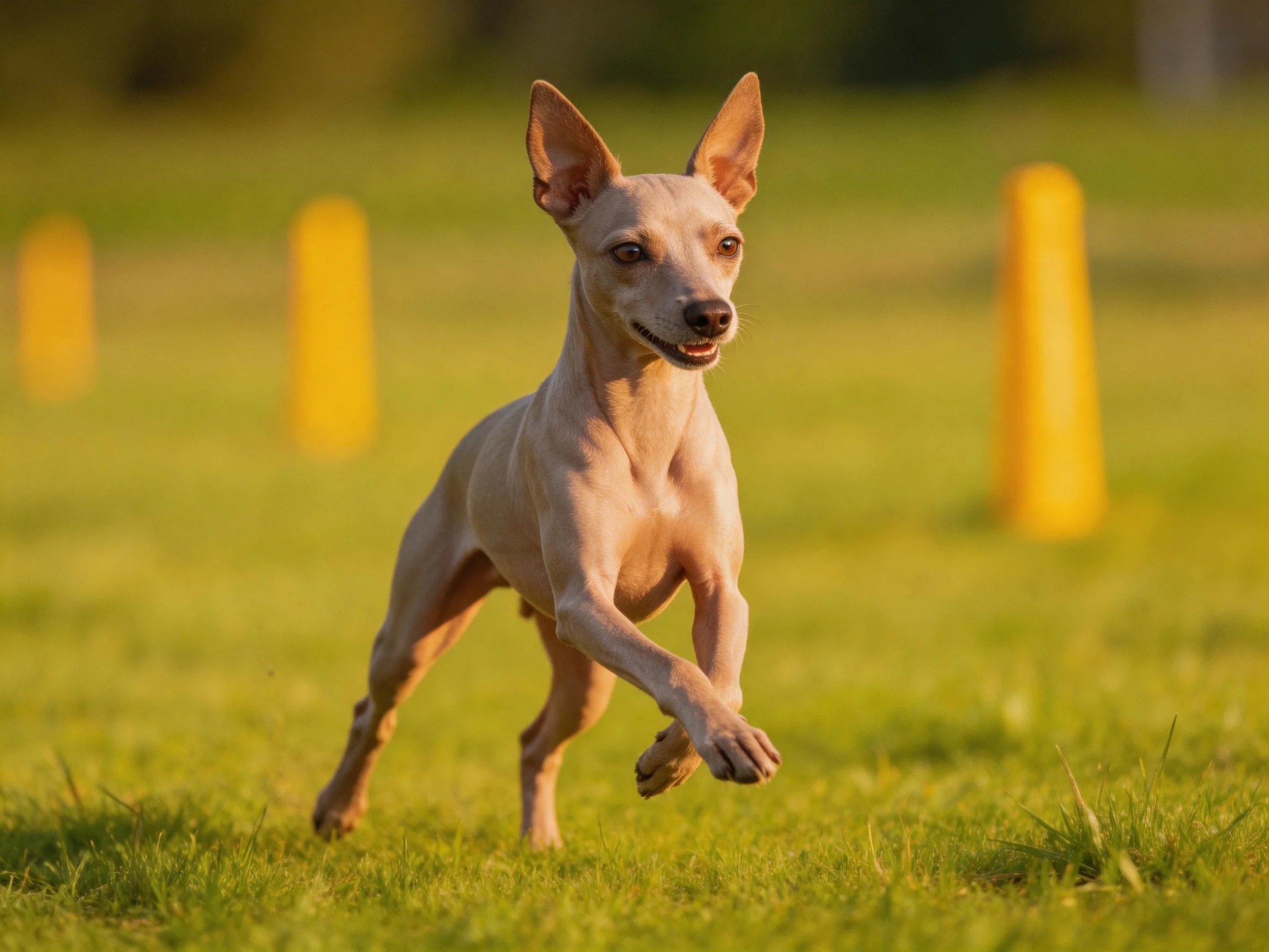 An energetic tan dog runs quickly over a grassy field with yellow markers