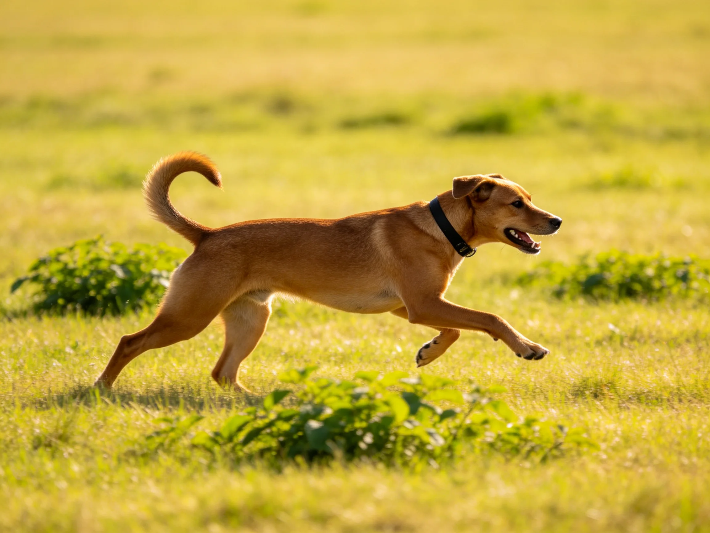 A tan dog runs energetically through a sunlit green meadow