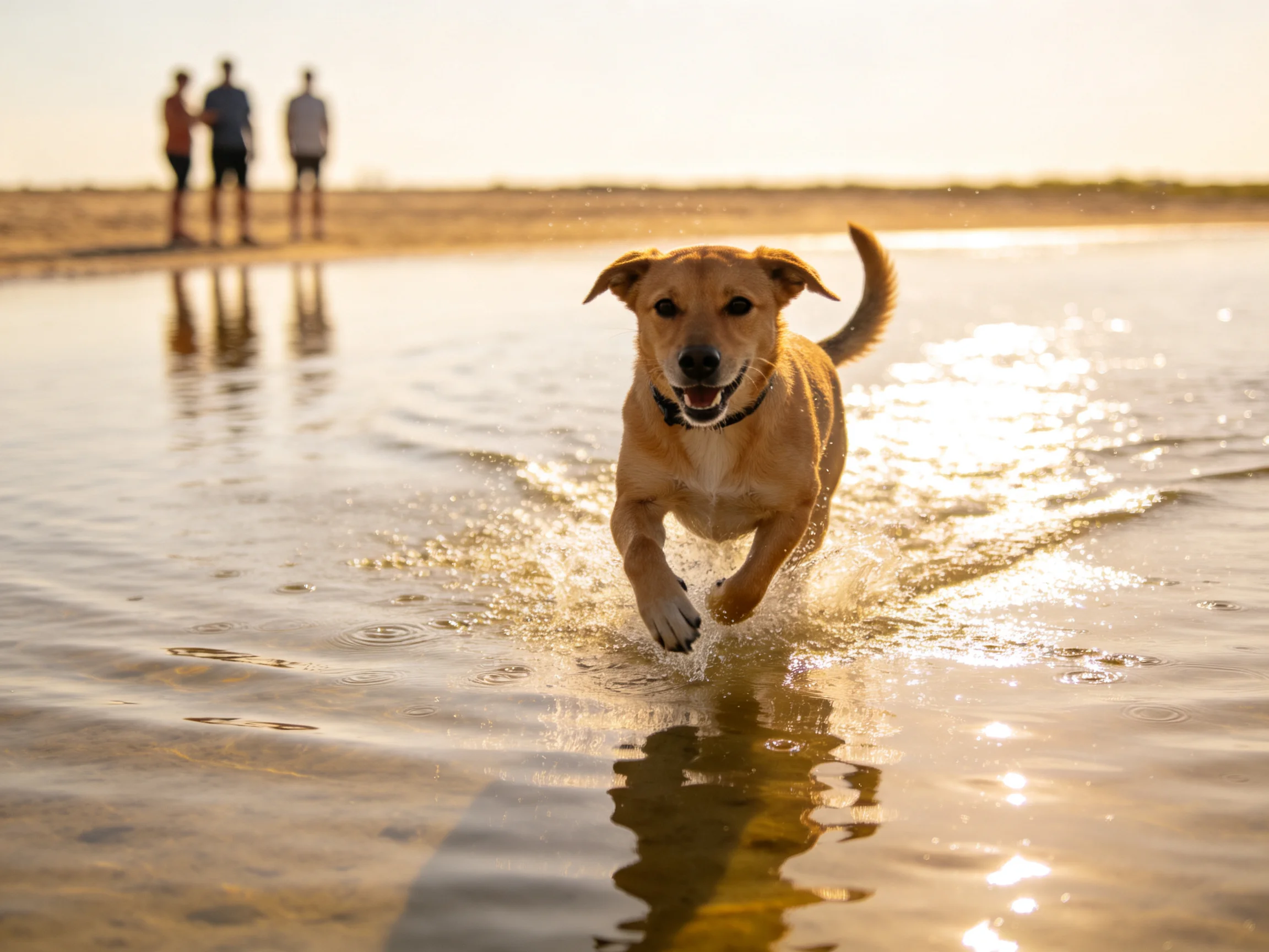 A tan dog runs through shallow golden water at sunset