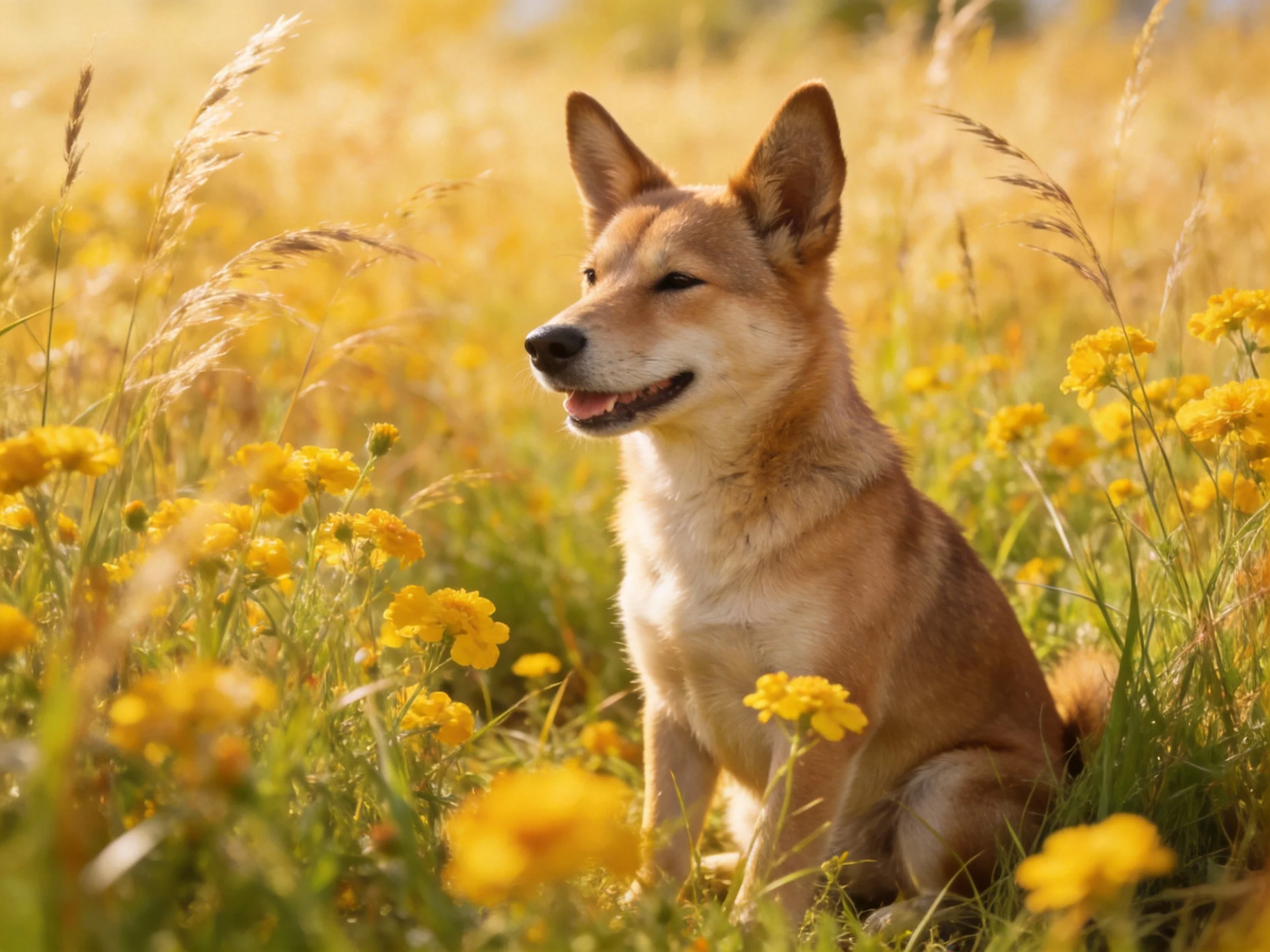 A tan dog sits amid a golden flower-filled meadow