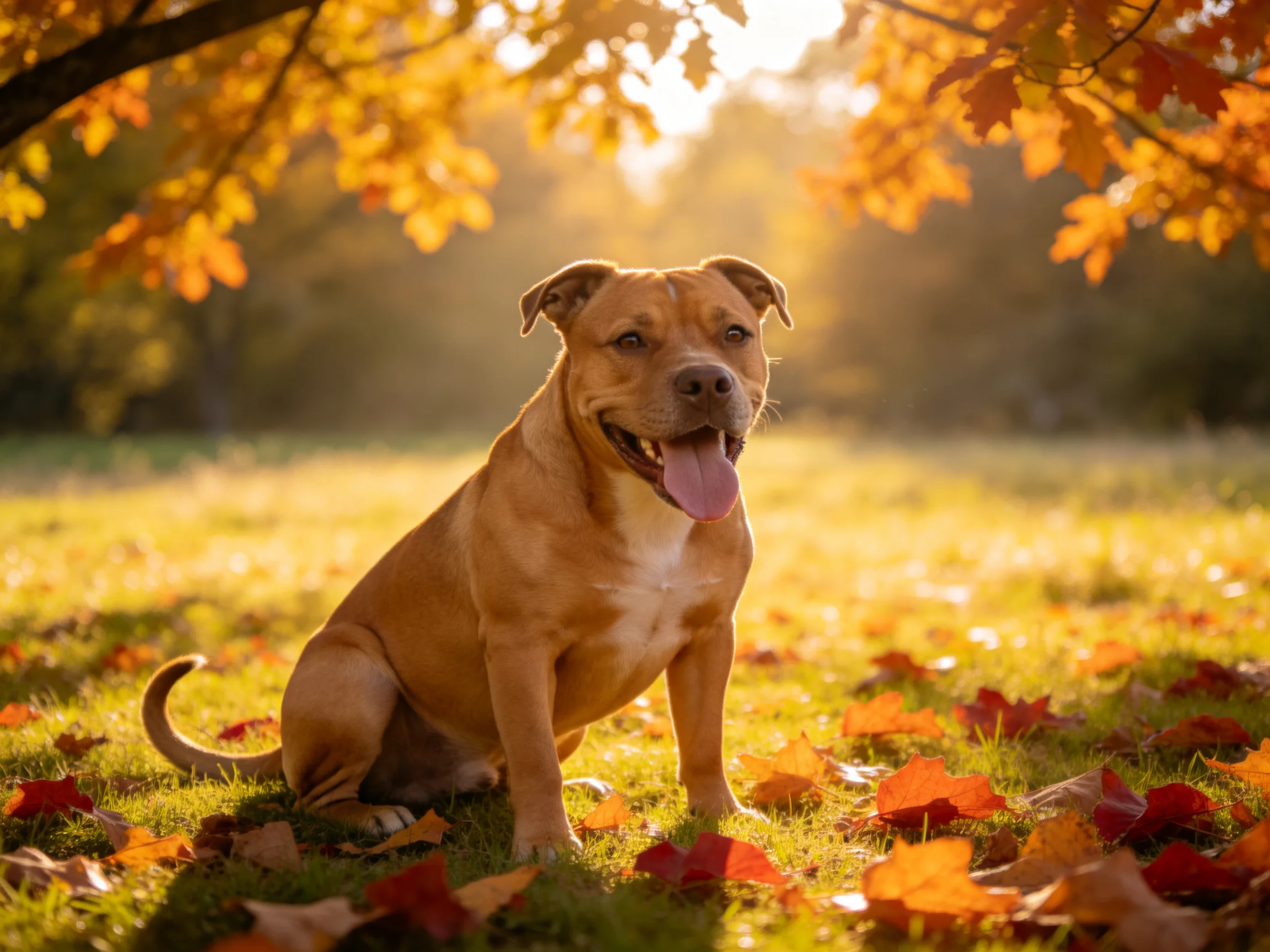 A tan dog sits among autumn leaves in a sunlit park