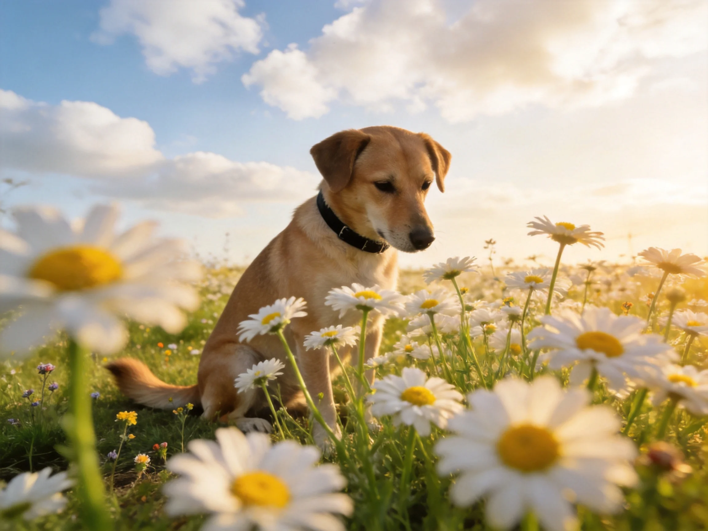 A tan dog relaxes in a sunlit meadow with white daisies