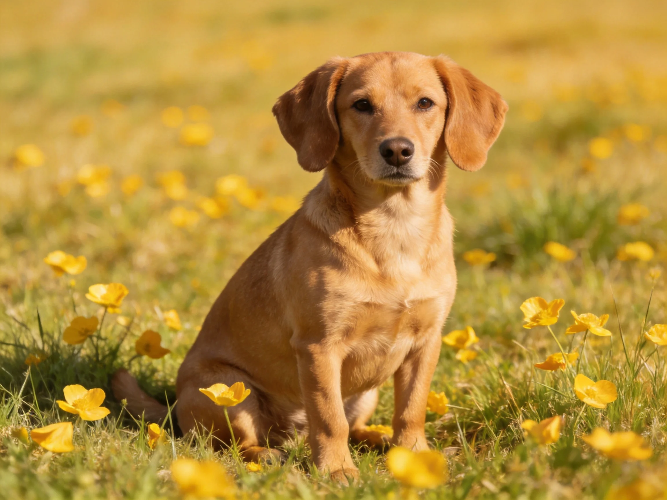 A tan dog sits calmly among yellow wildflowers in a sunlit meadow.