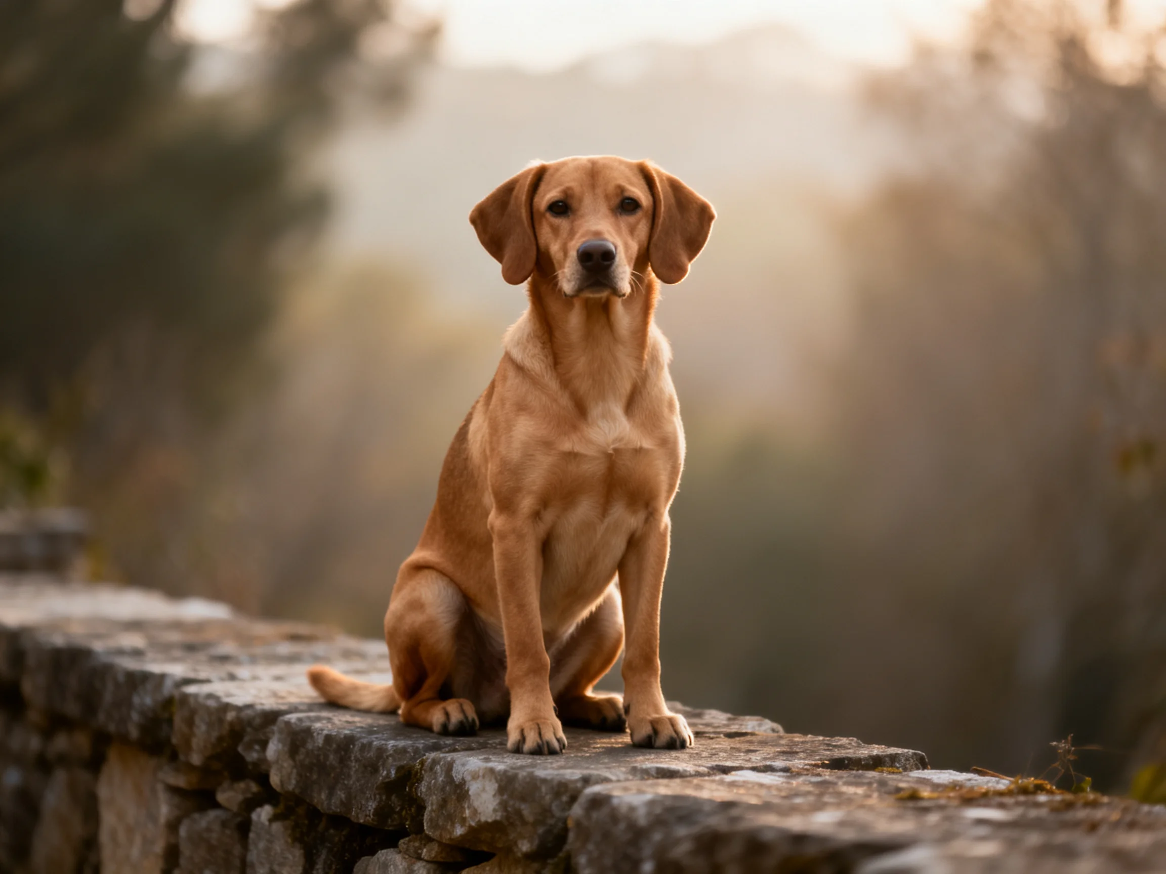A tan dog sits calmly on a stone wall in a peaceful setting