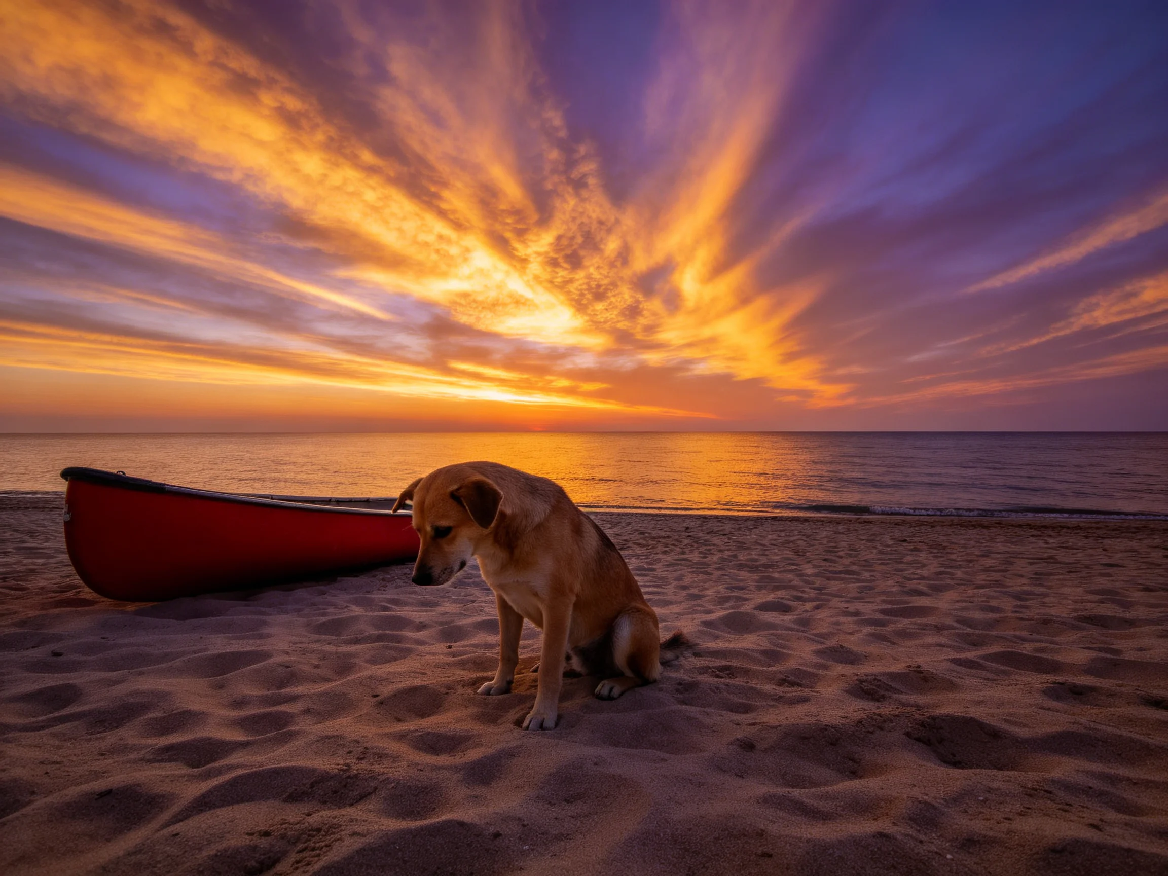 A dog sits on a sandy beach next to a red canoe under a colorful sunset sky.