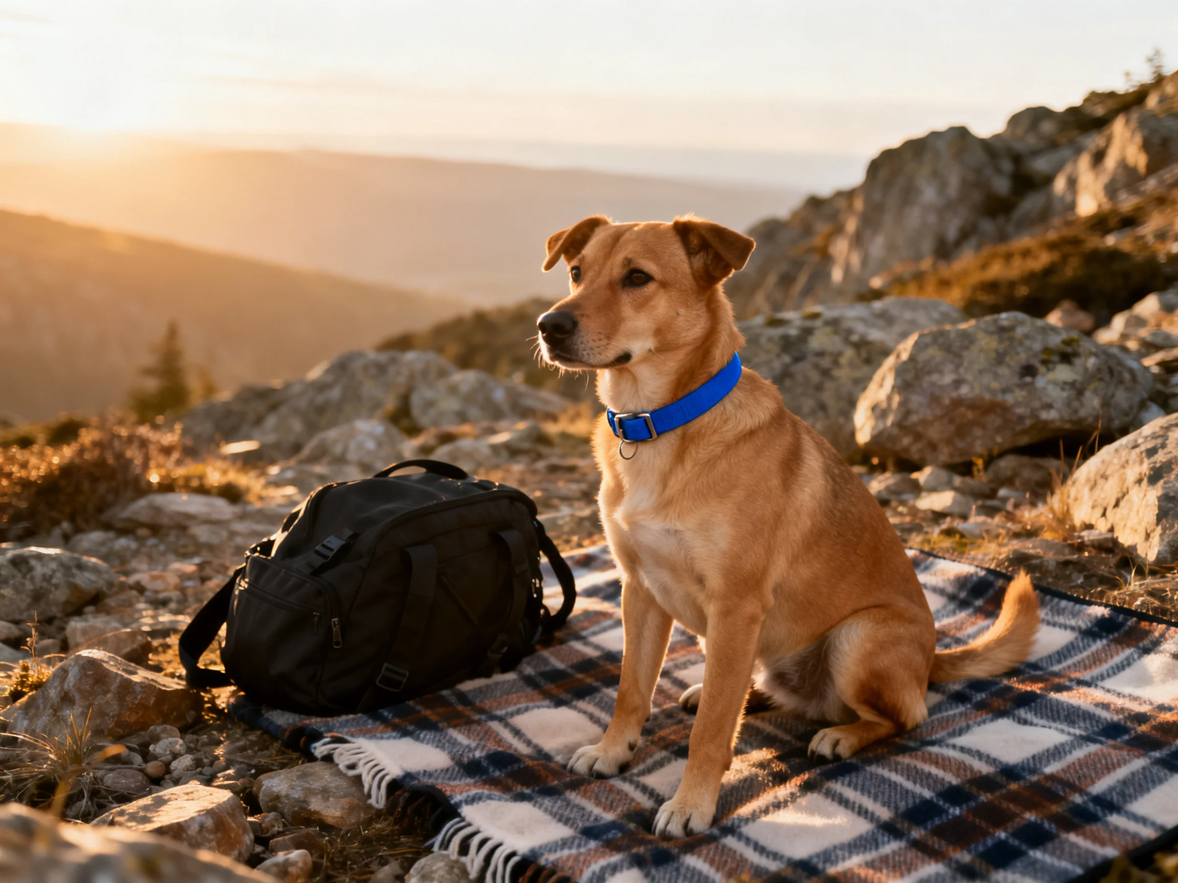 A tan dog sits on a plaid blanket with a black backpack on rocky terrain