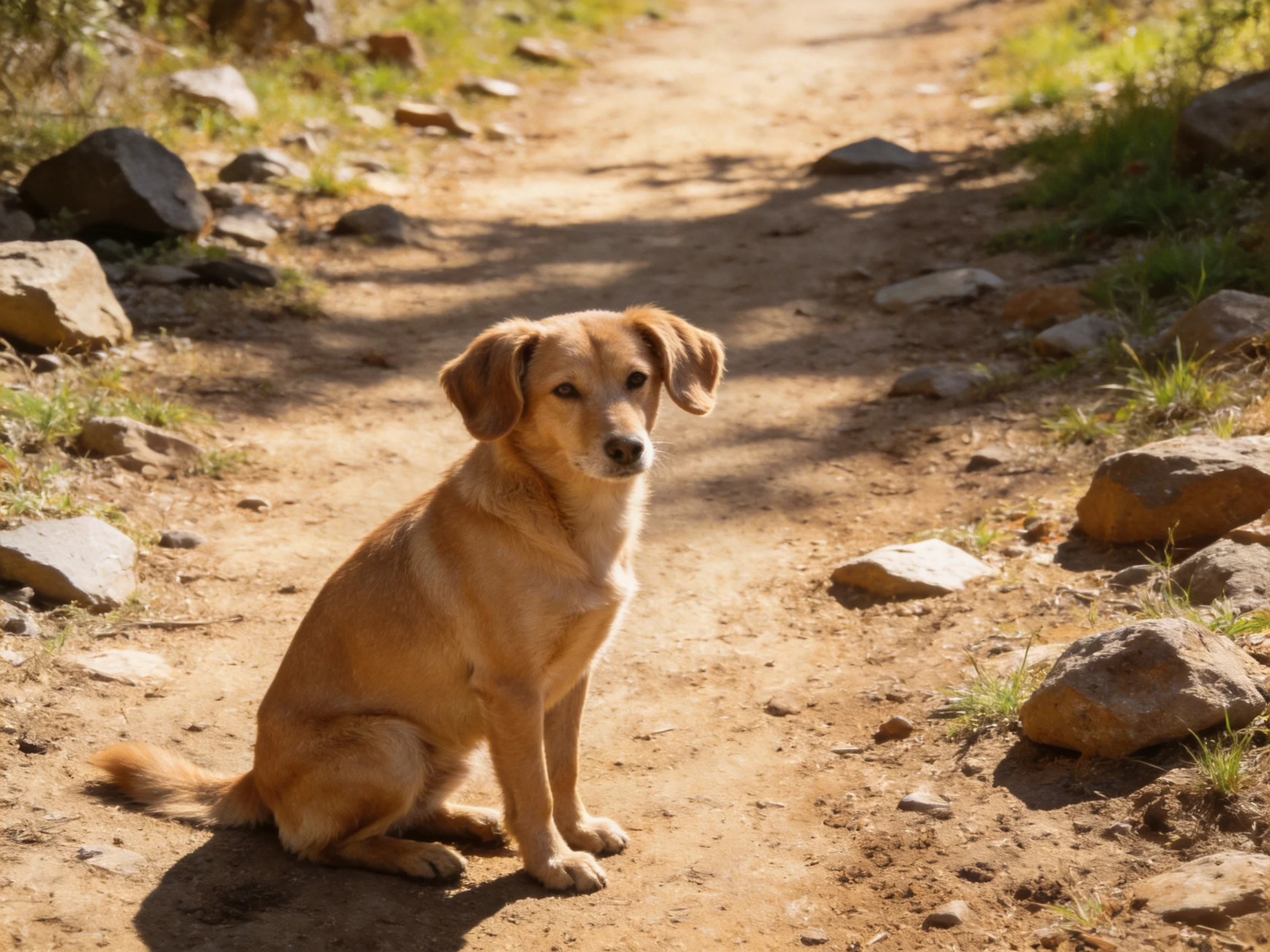 A tan dog sits on a rocky dirt path with scattered stones