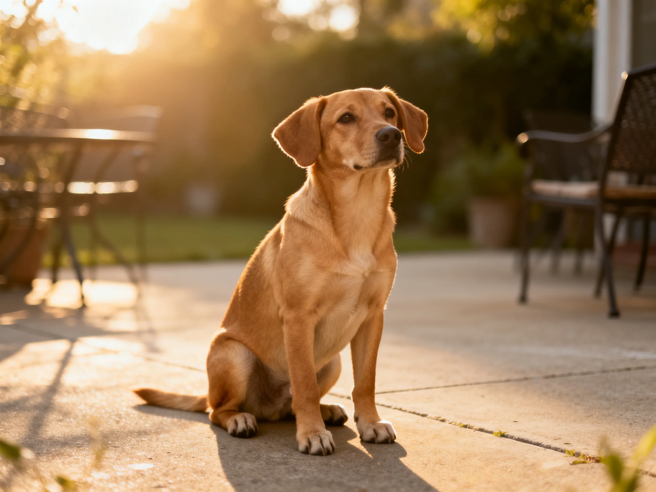 A tan dog sits on a sunlit patio near metal chairs and tables