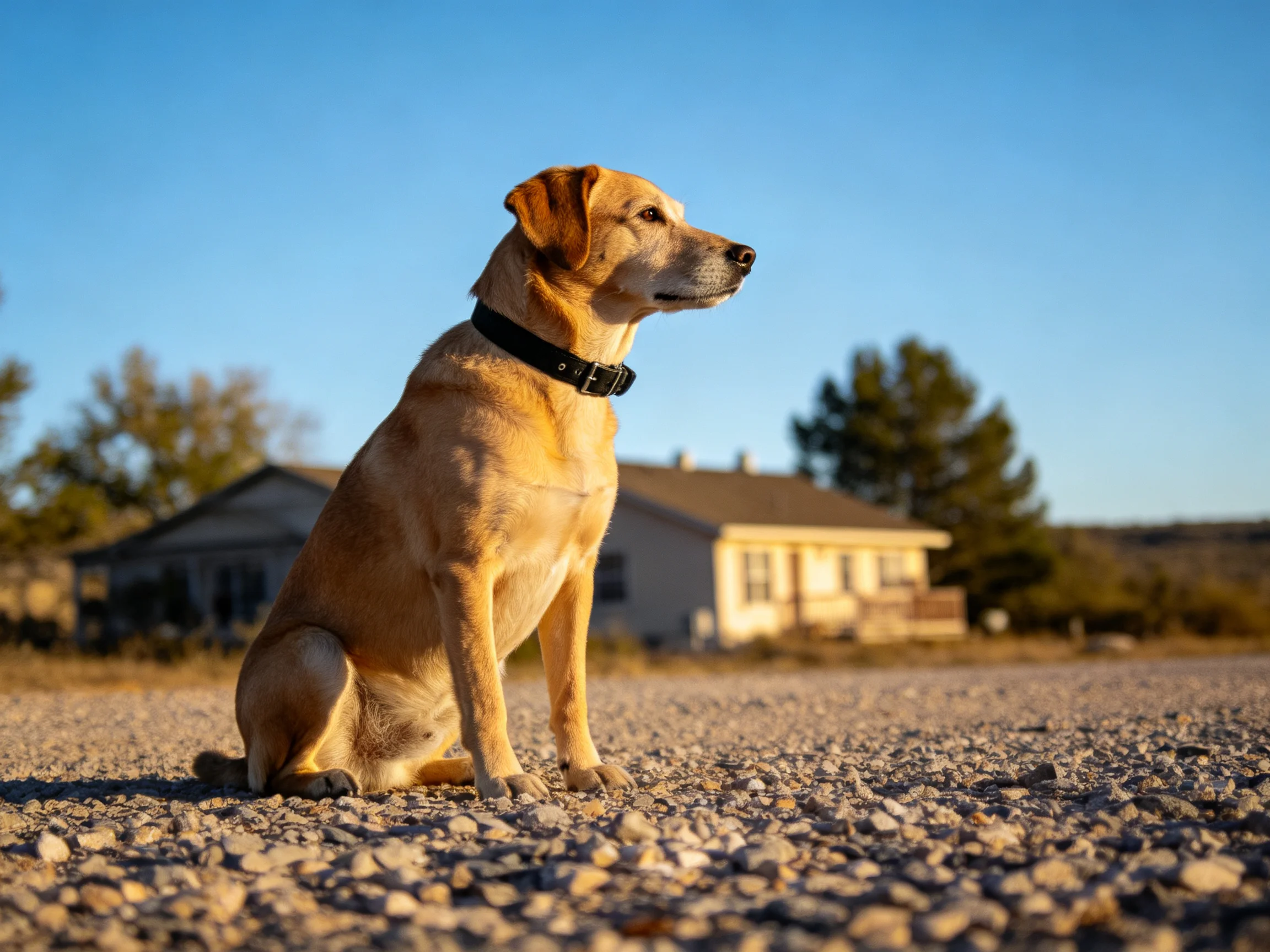 A tan dog sits on gravel near suburban homes