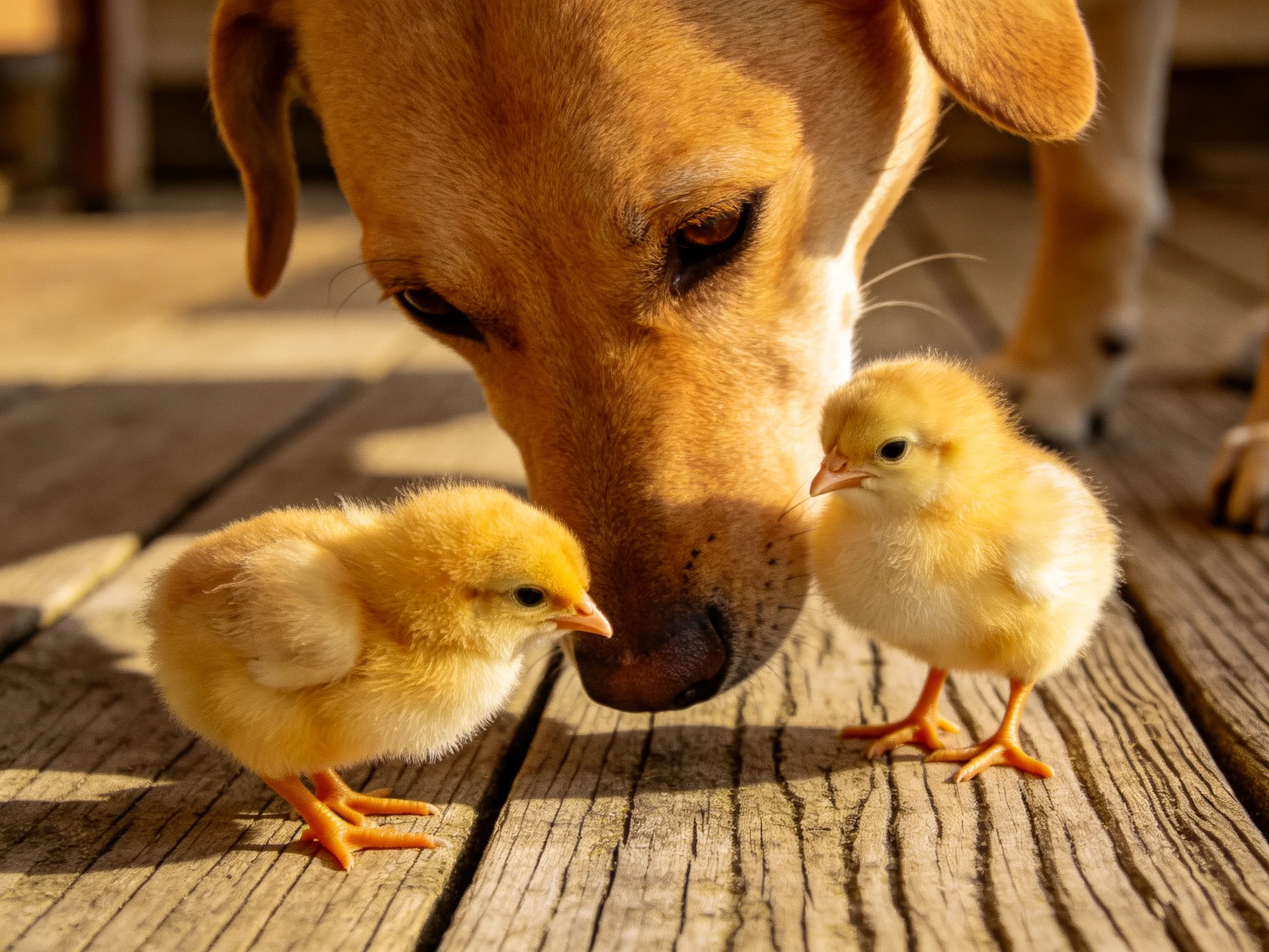 A tan dog sniffs two fluffy yellow chicks on a wooden deck