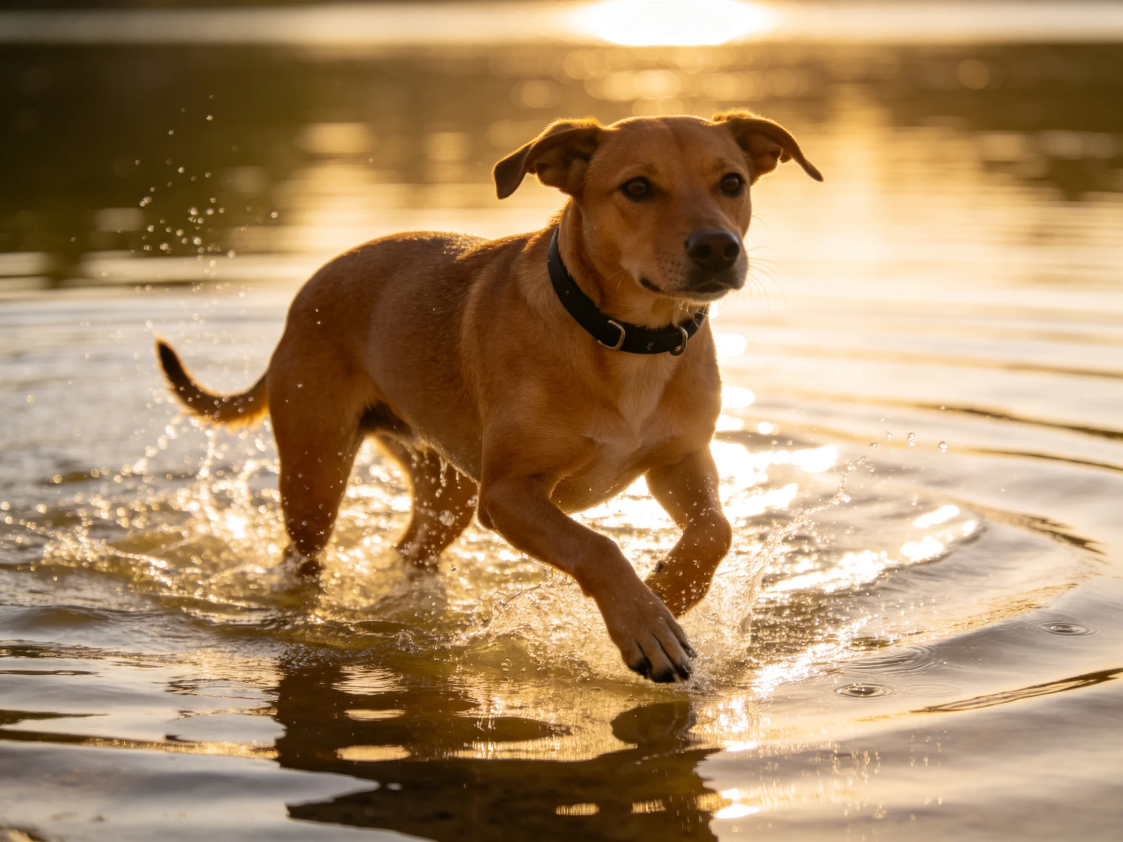 A tan dog splashes through golden-hued water at sunset