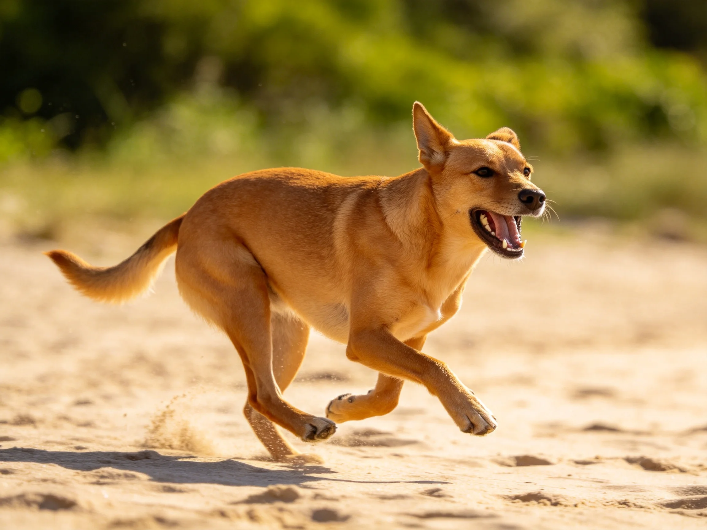 A tan dog sprinting across golden sandy terrain with lush green backdrop