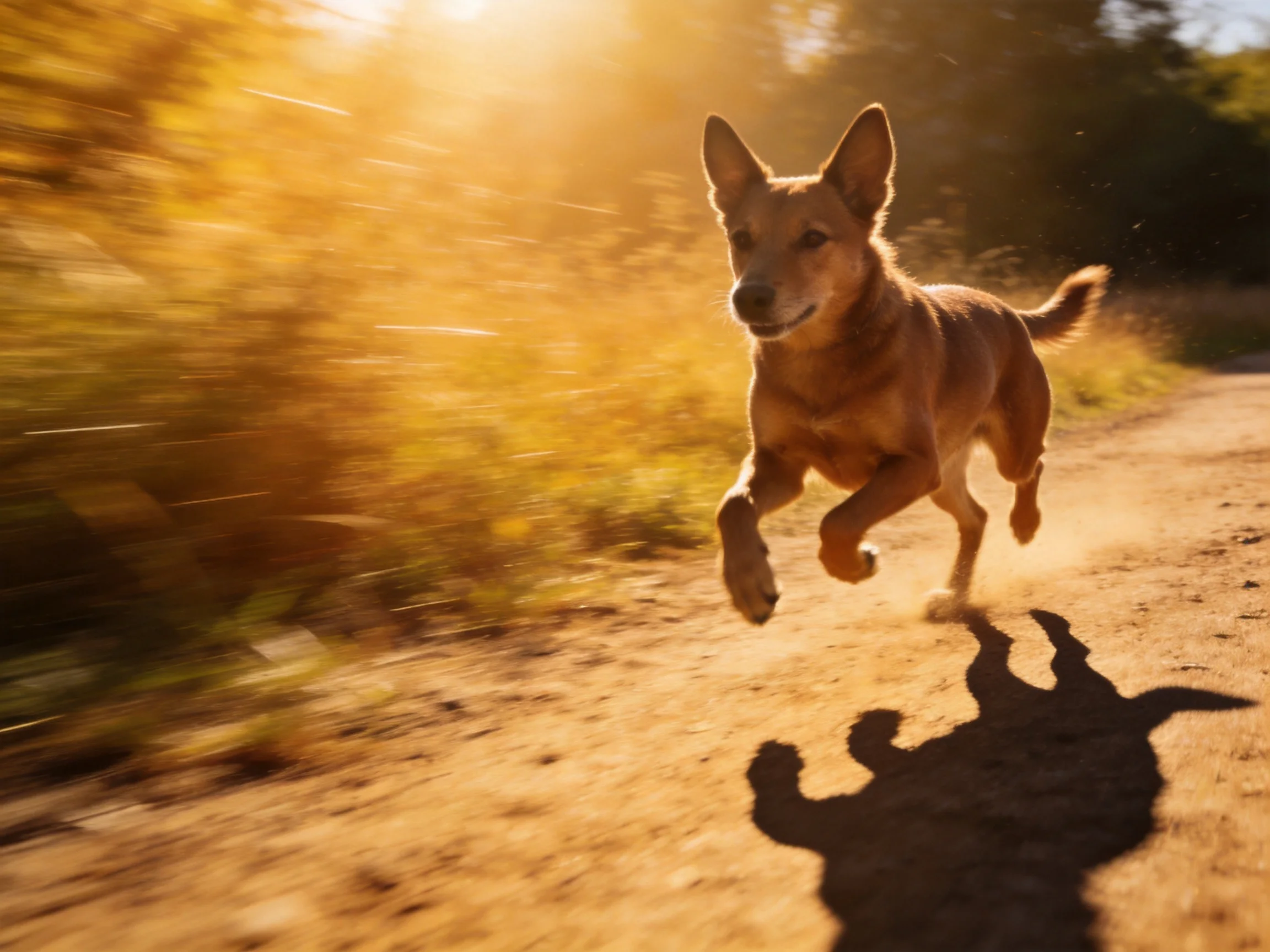 A tan dog sprints along a dusty path bathed in golden sunlight