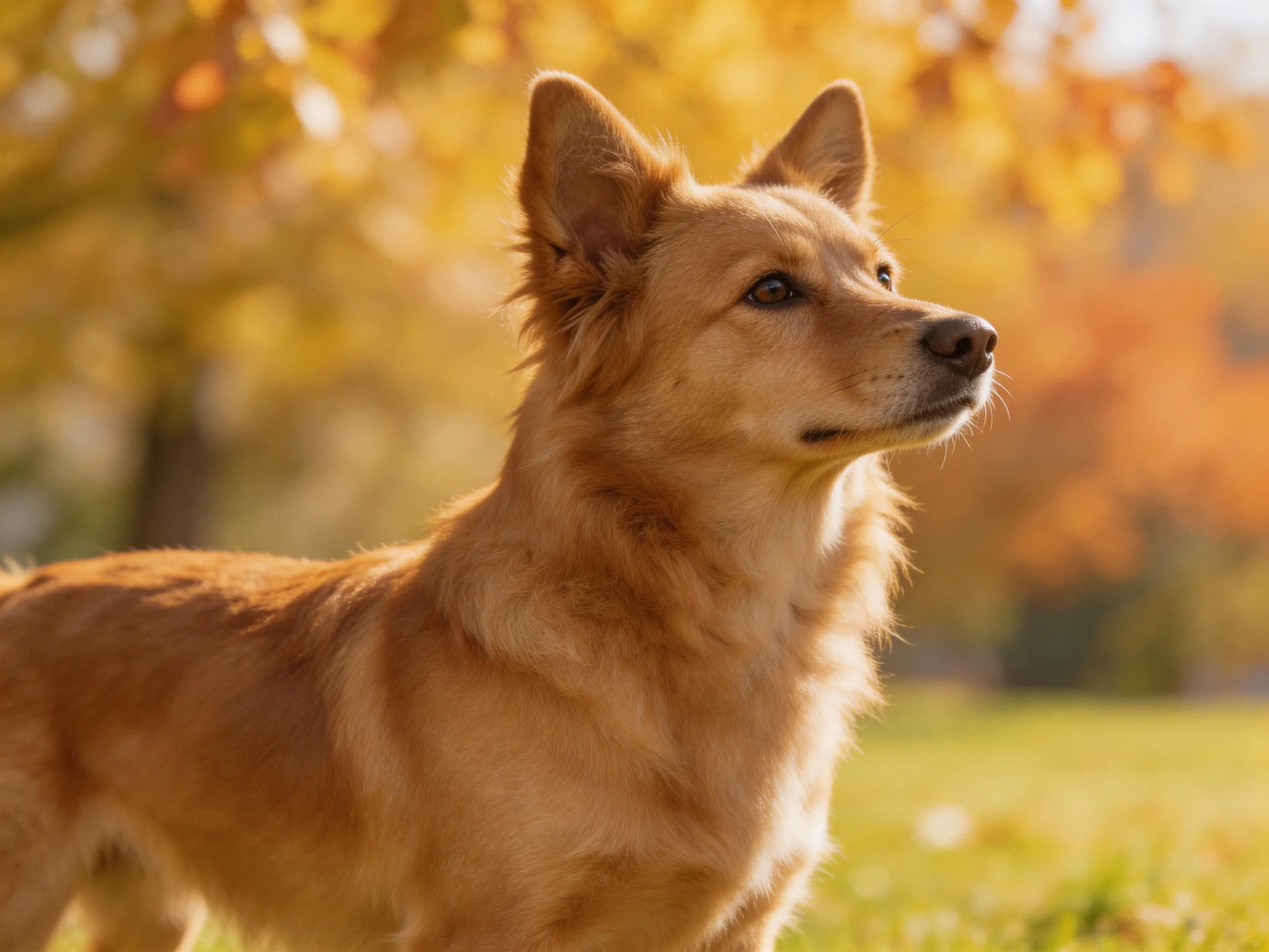 A tan dog stands alert amid golden autumn foliage