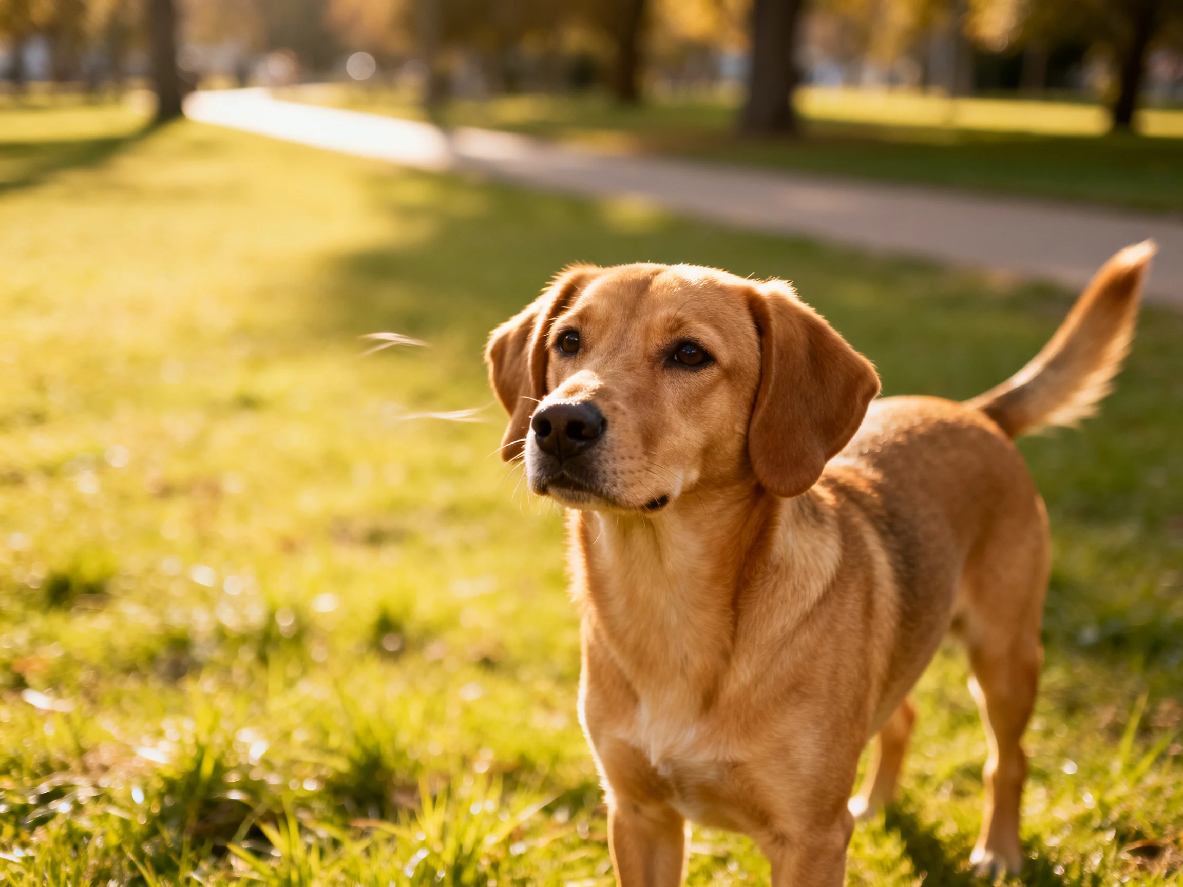 A tan dog stands attentively in a sunlit grassy outdoor space.