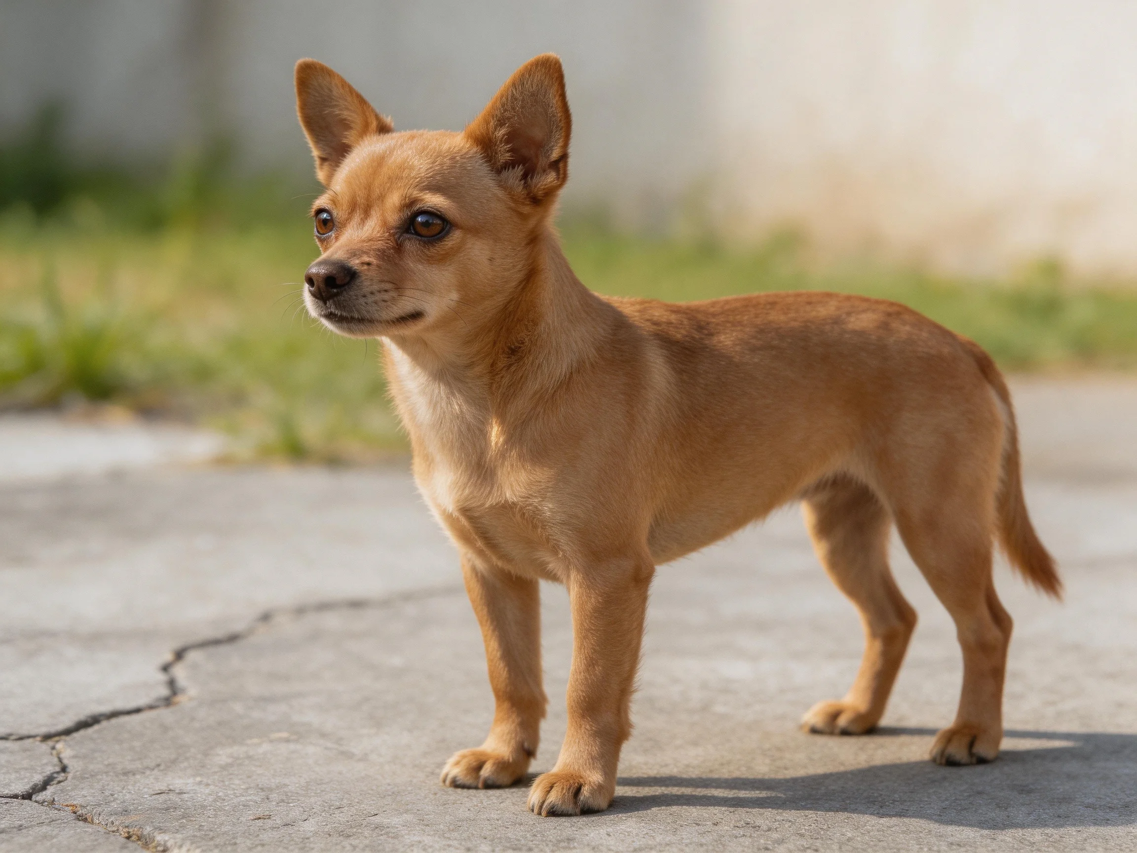 A tan dog stands alert on a cracked concrete path