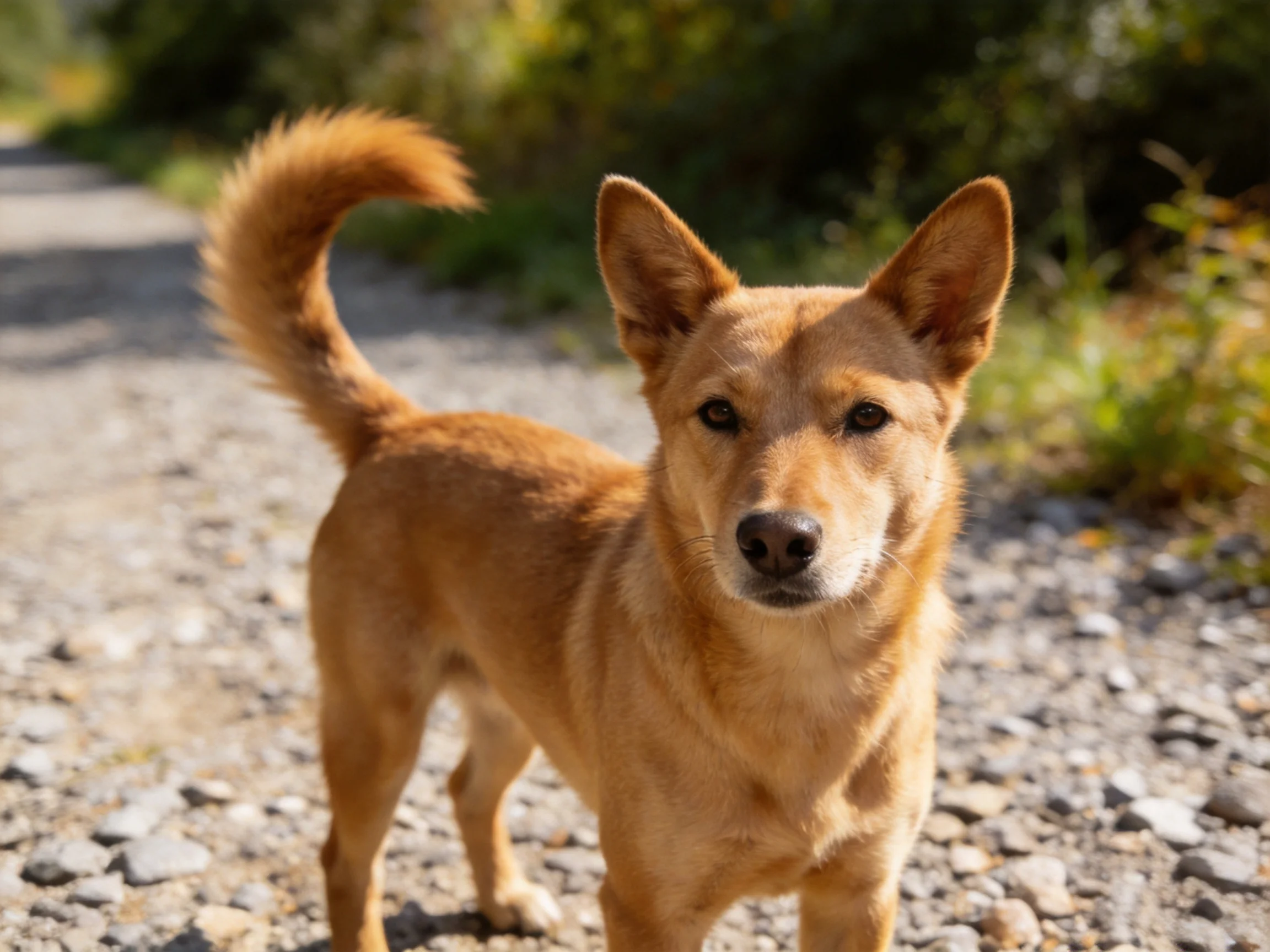 A tan dog stands alert on a gravel path in a natural outdoor setting.