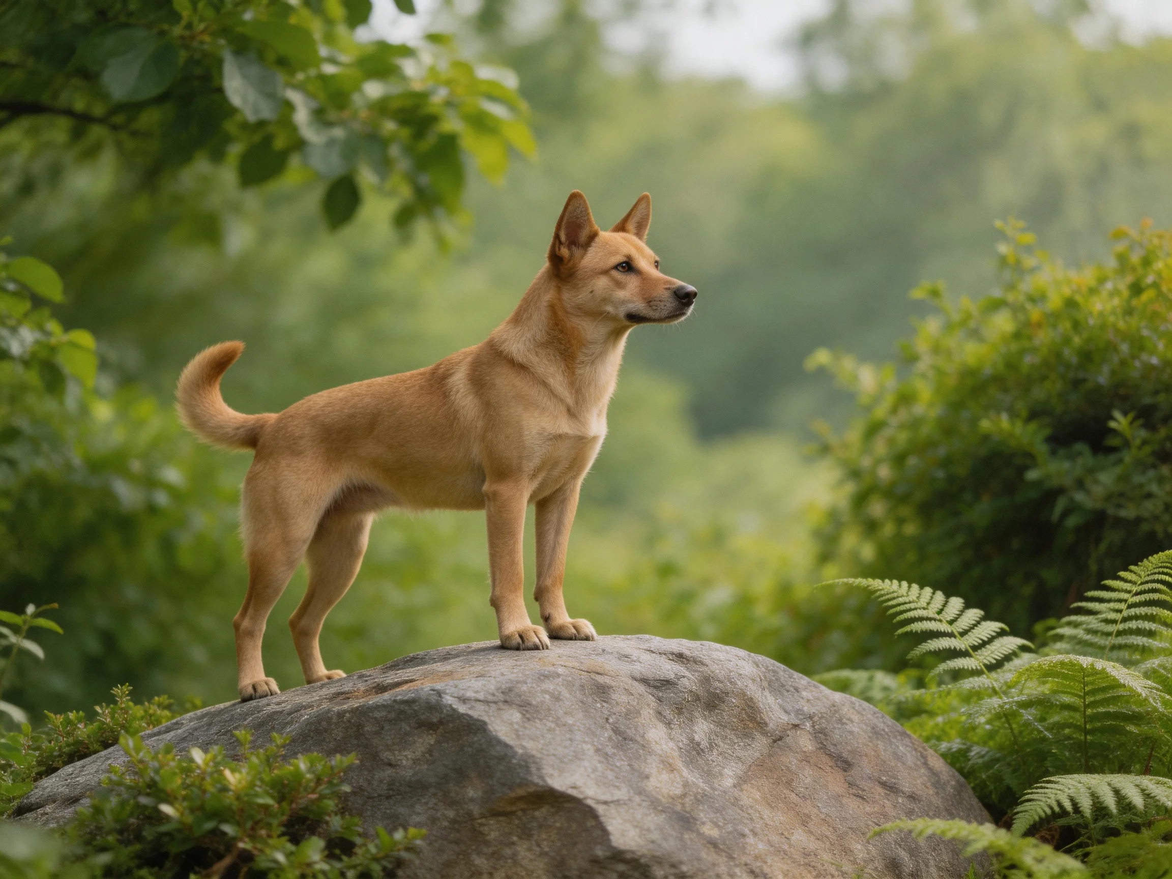 A tan dog stands alert on a large gray amidst lush green foliage