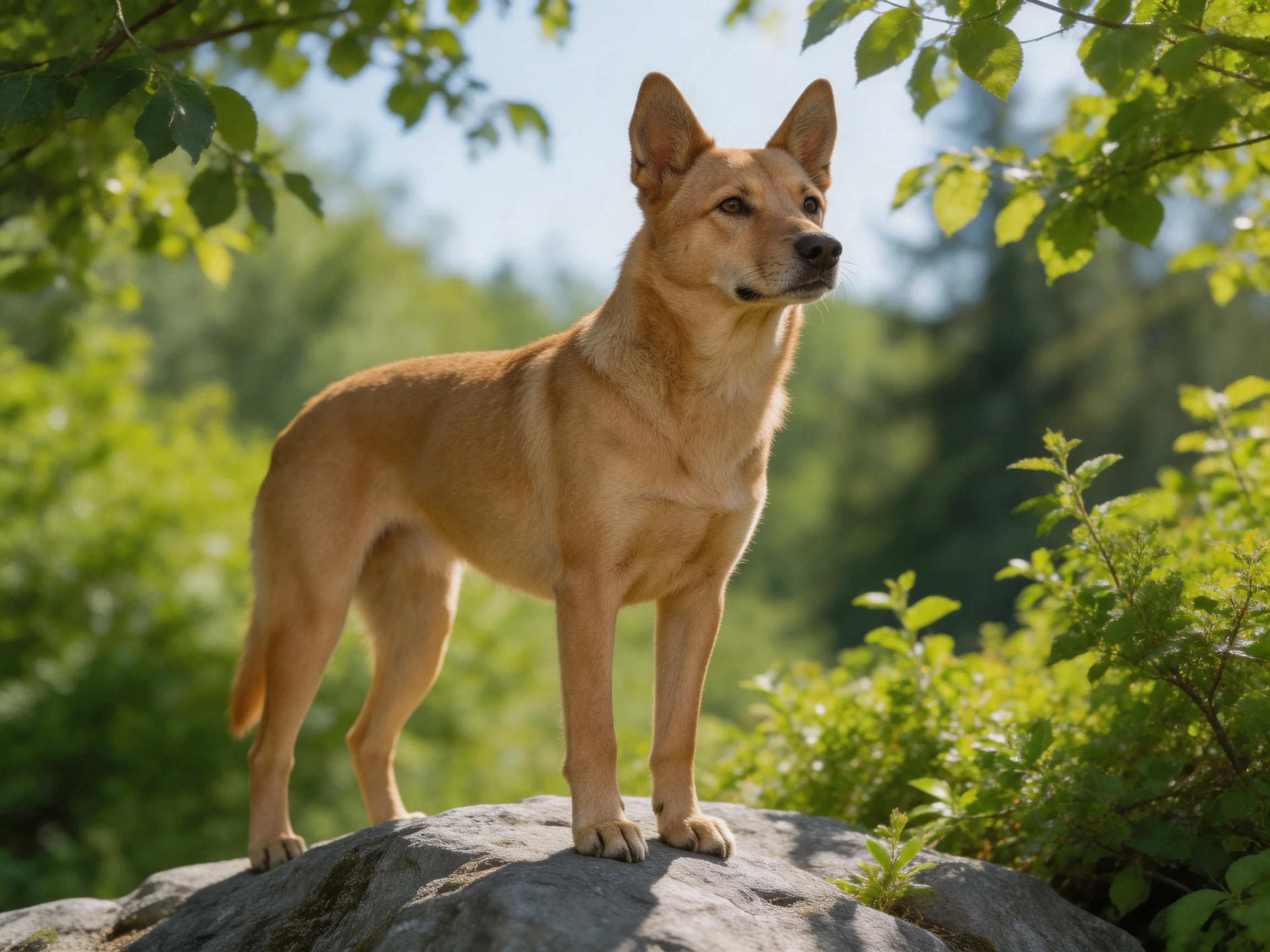 A tan dog stands alert on a rock surrounded by greenery.