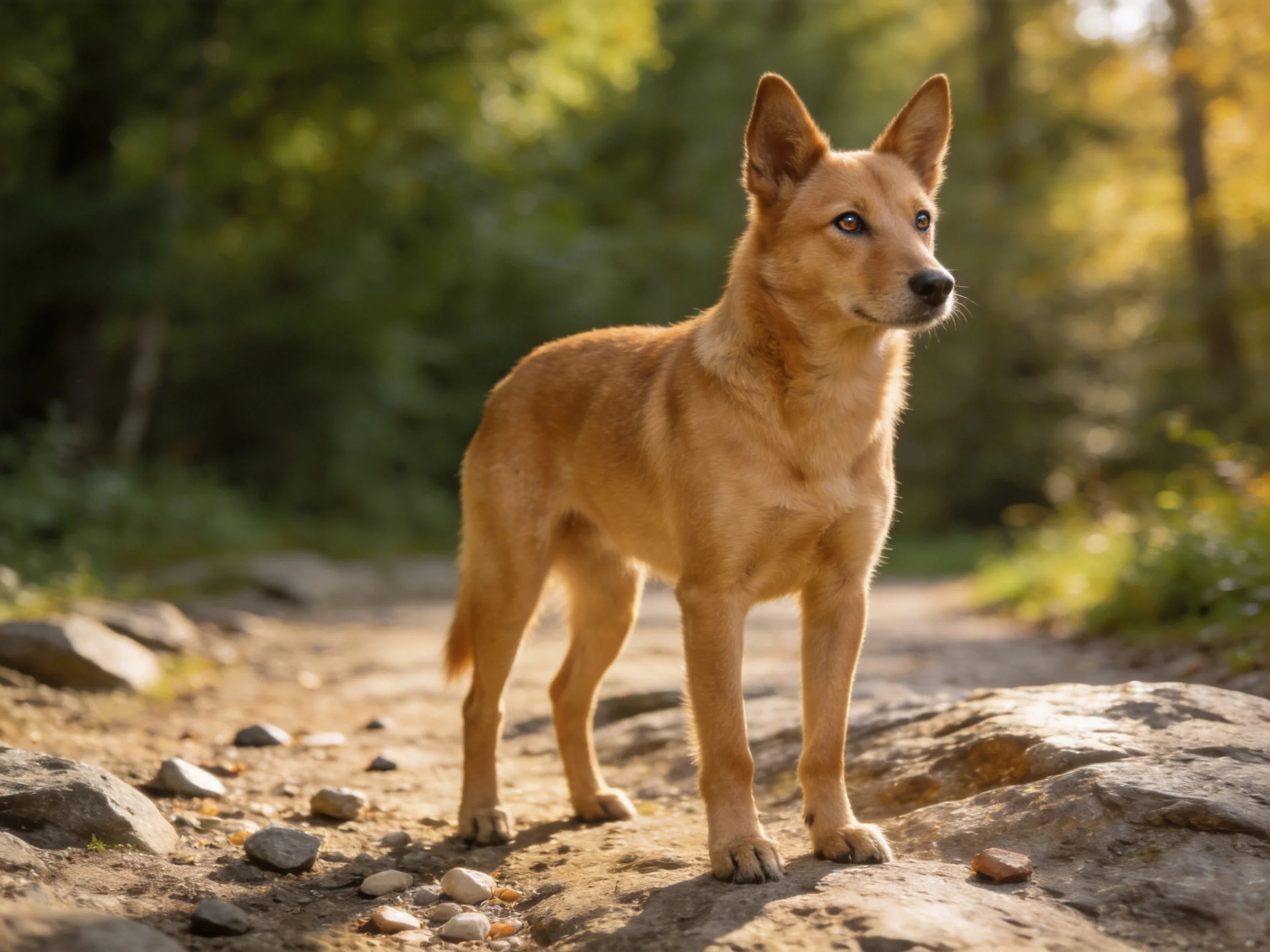 A tan dog stands alert on a rocky forest trail