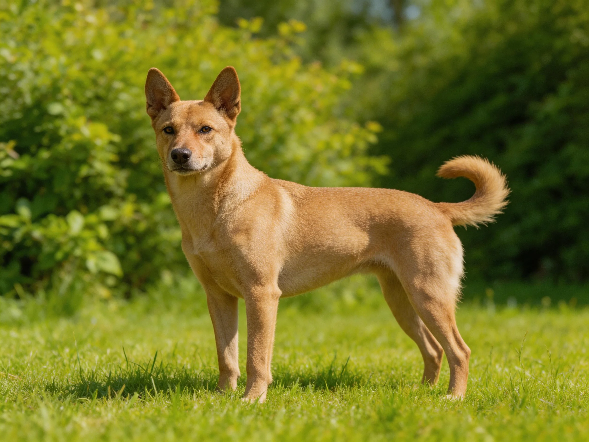 A tan dog stands alert on vibrant green grass amid leafy vegetation