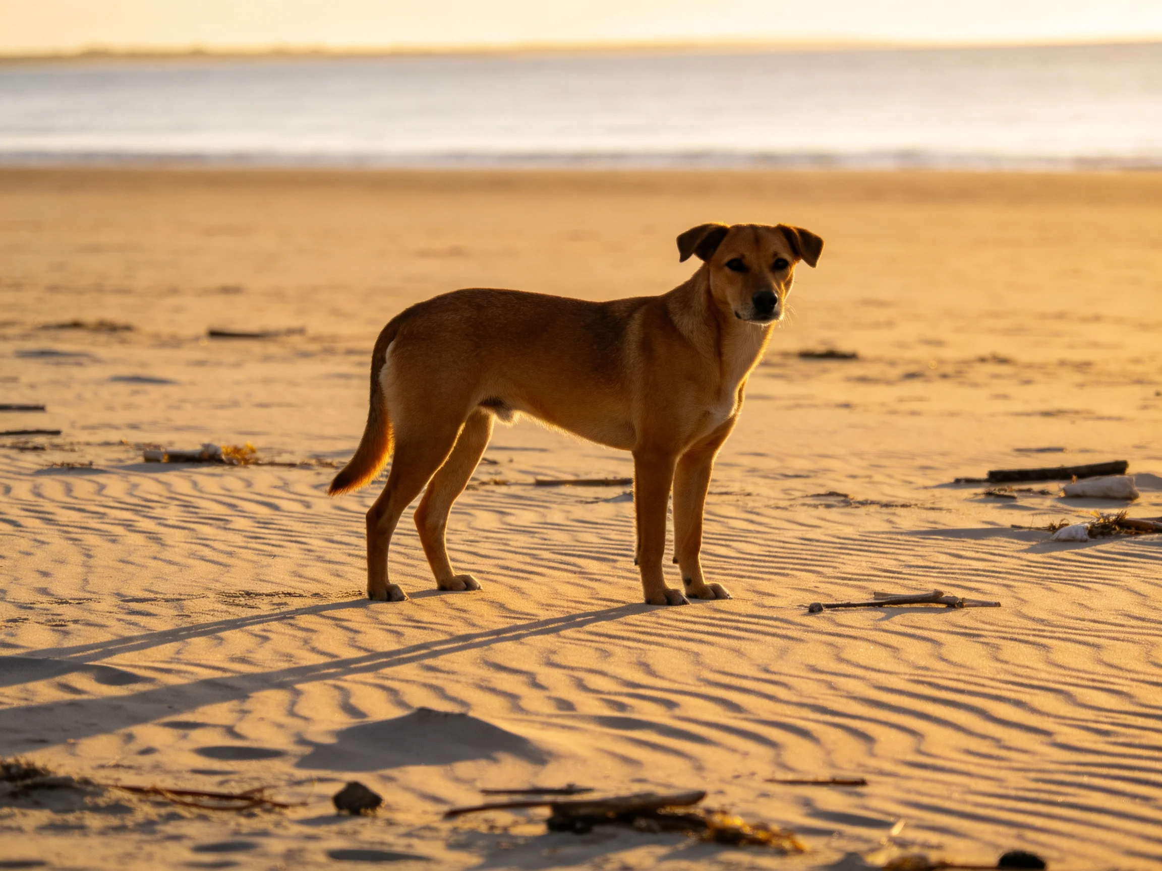 A tan dog stands alone on a golden sandy beach at sunset