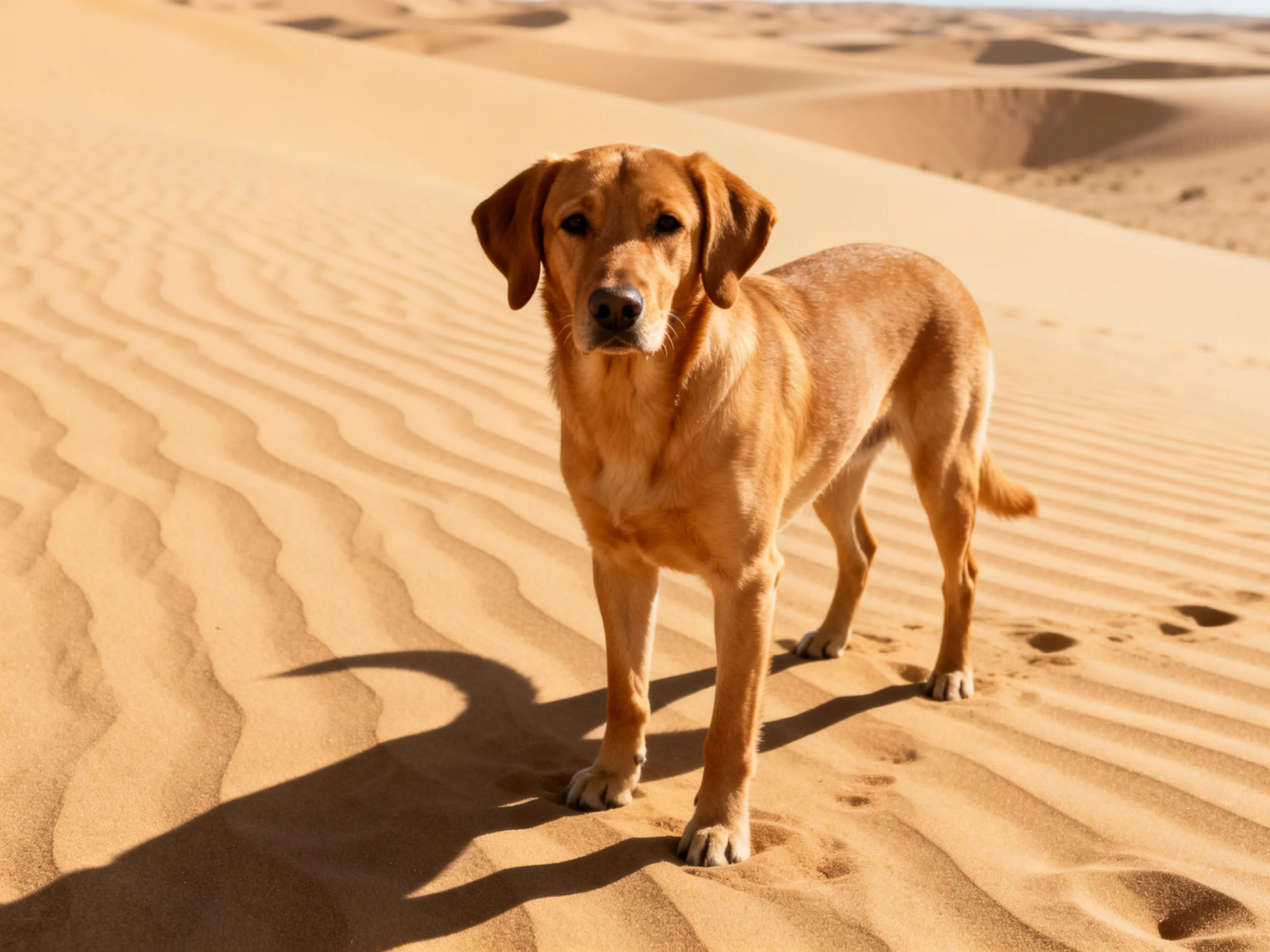 A tan dog stands amid golden desert sand dunes under bright sunlight