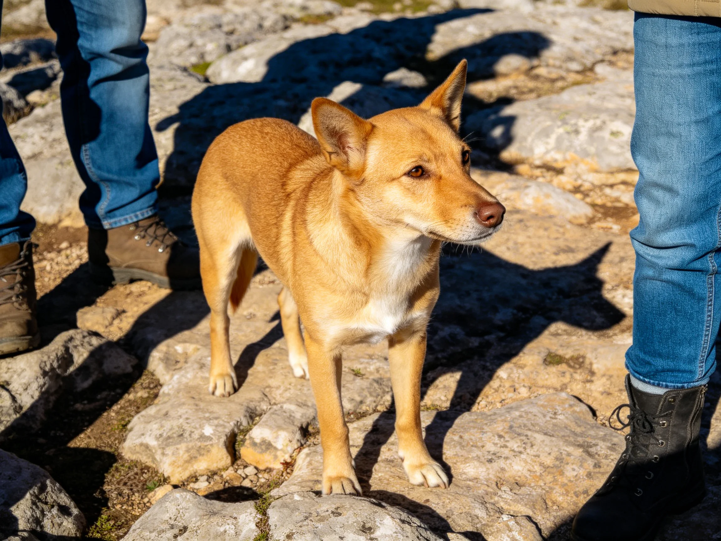 A tan dog stands among rocks near two people in blue jeans