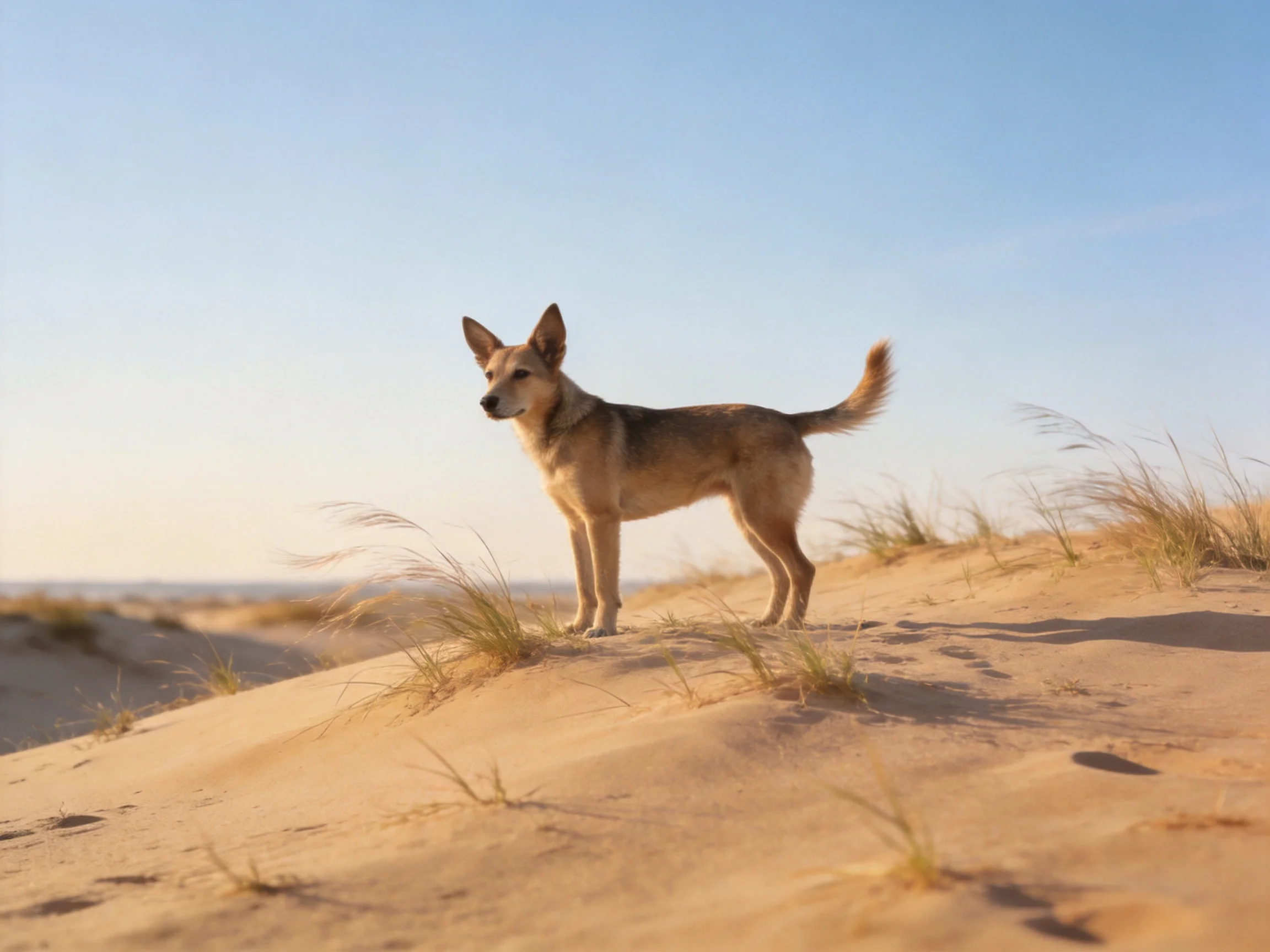 A tan dog stands atop golden sand dunes under clear blue sky