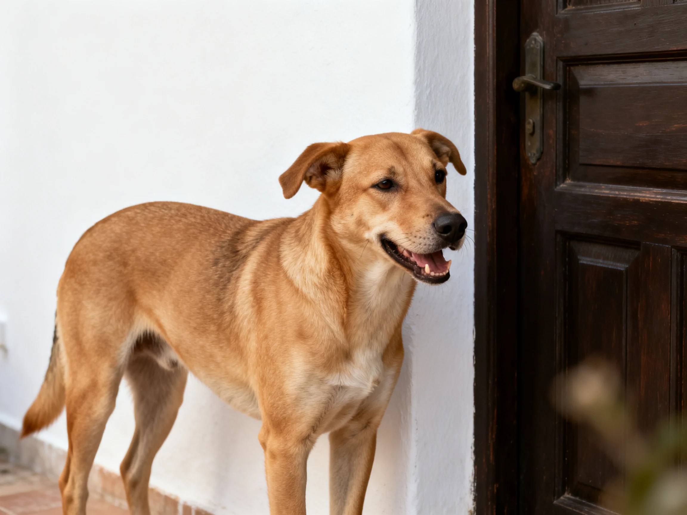 A tan dog stands beside a dark wooden door against a white wall