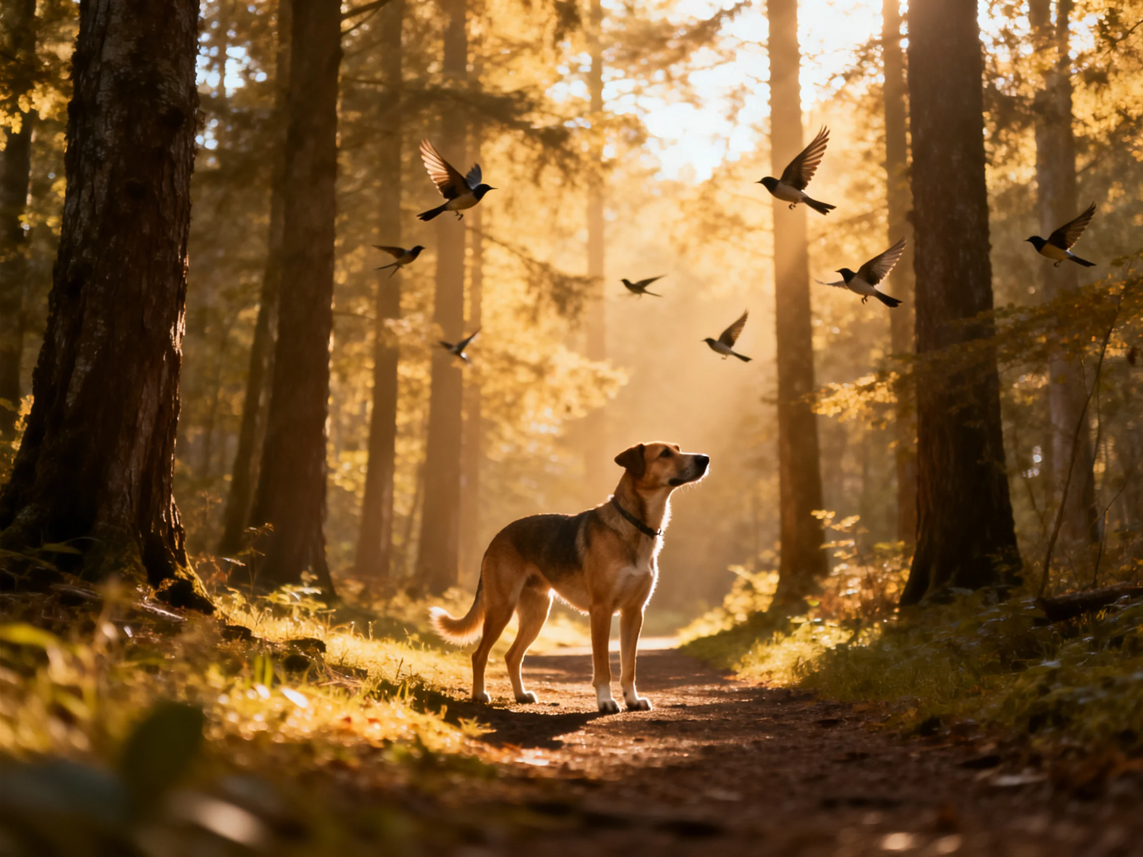 A dog observes birds in a sunlit forest path.