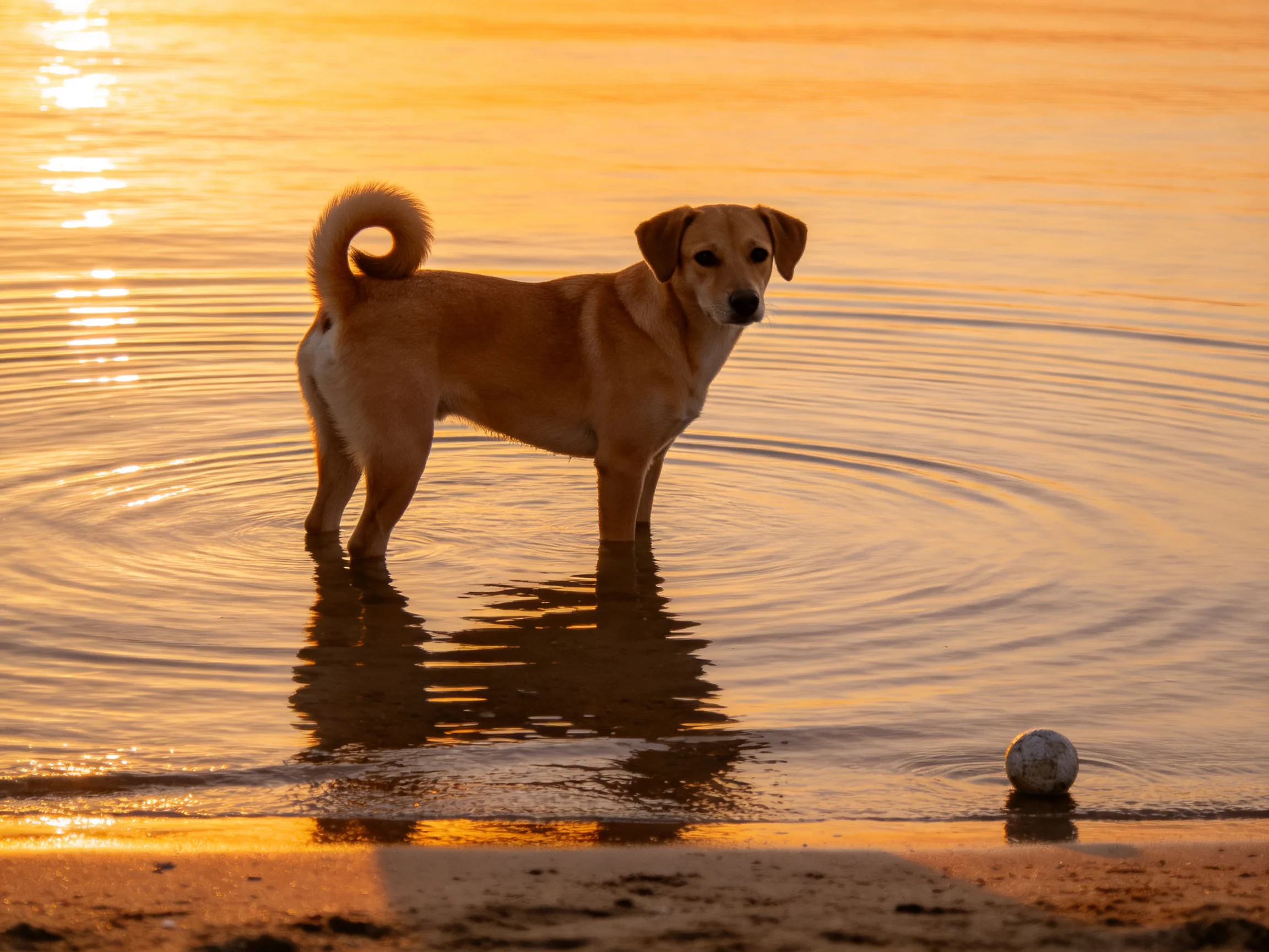 A tan dog stands in shallow water at golden hour near a beach ball