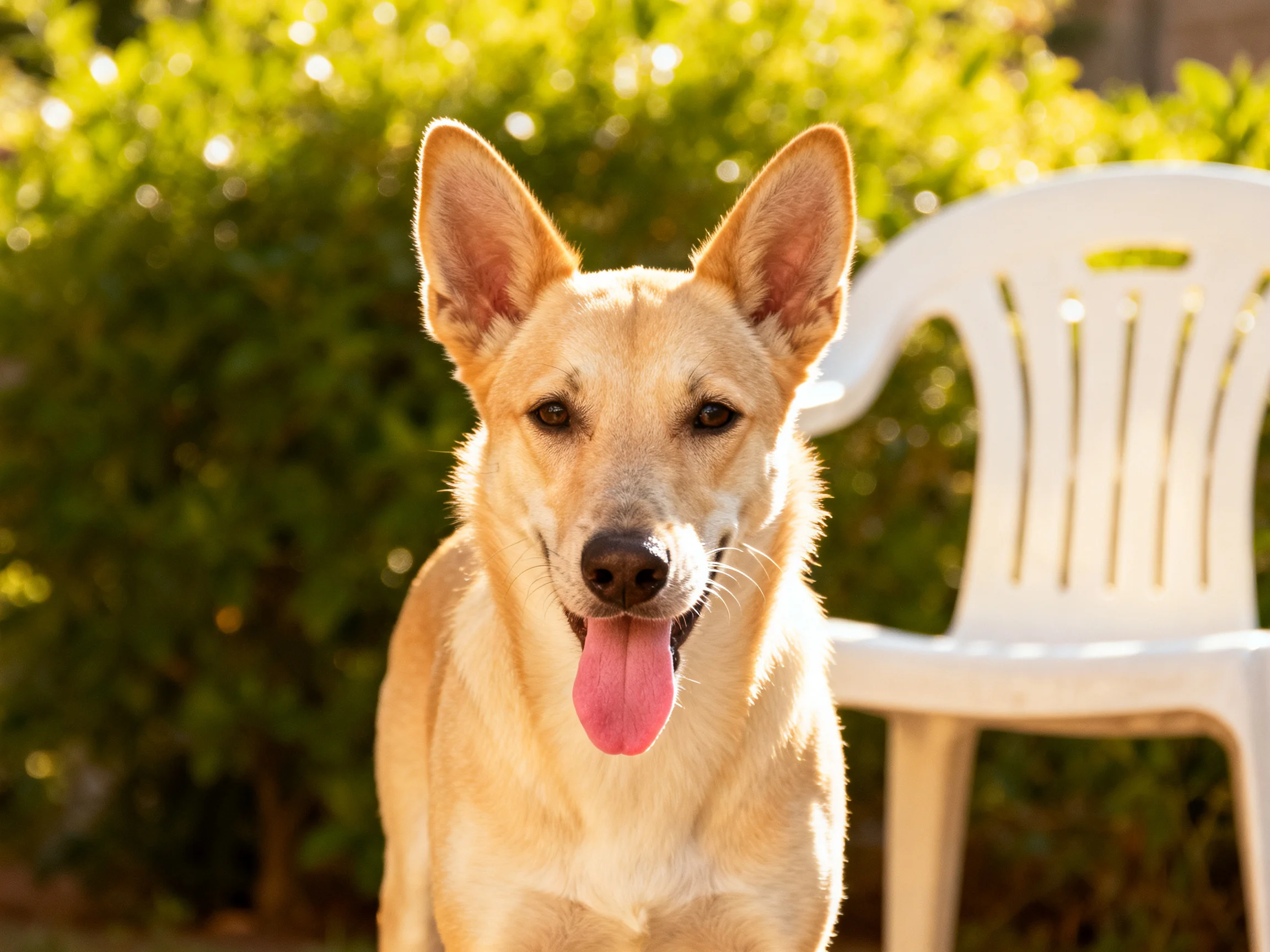 A tan dog stands beside a white chair amid green foliage.