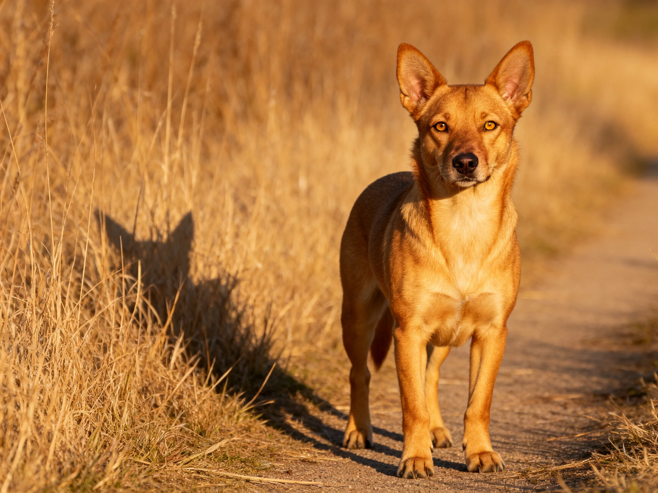 A tan dog stands on a dirt path surrounded by golden dry grass.