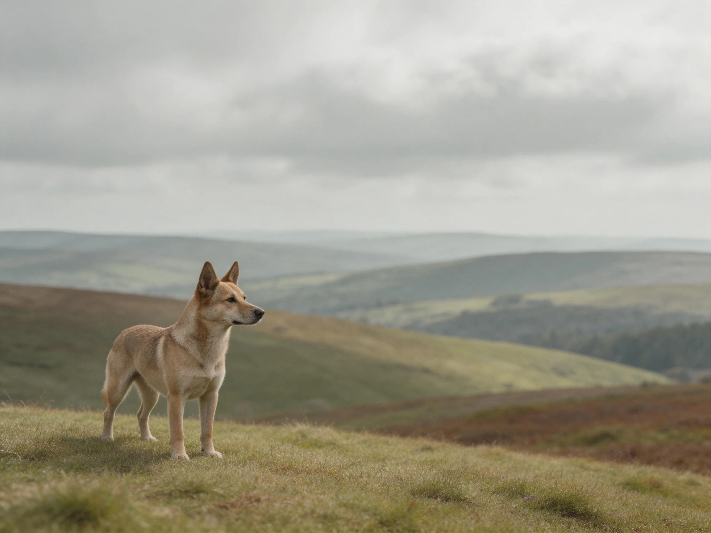 A tan dog stands alert on a grassy hillside overlooking rolling hills.
