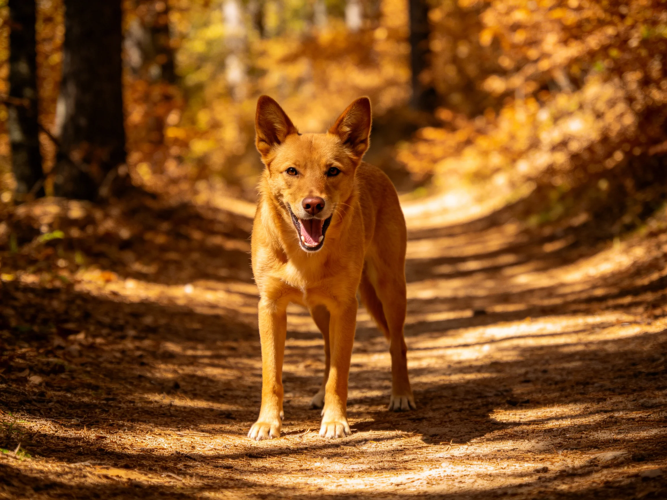 A tan dog walks along a sunlit forest path surrounded by autumn trees.