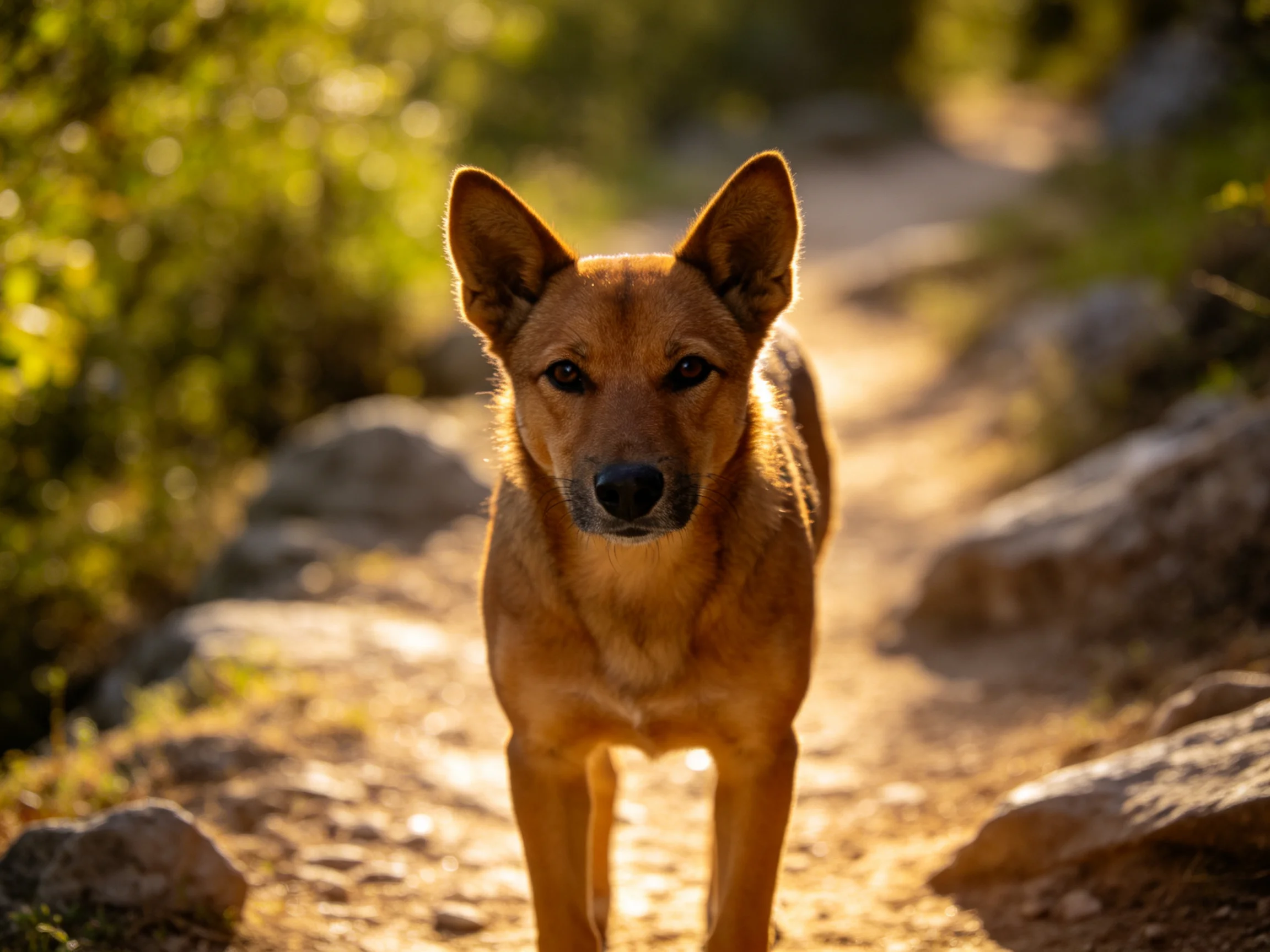 A tan dog stands on a sunlit rocky trail in nature.