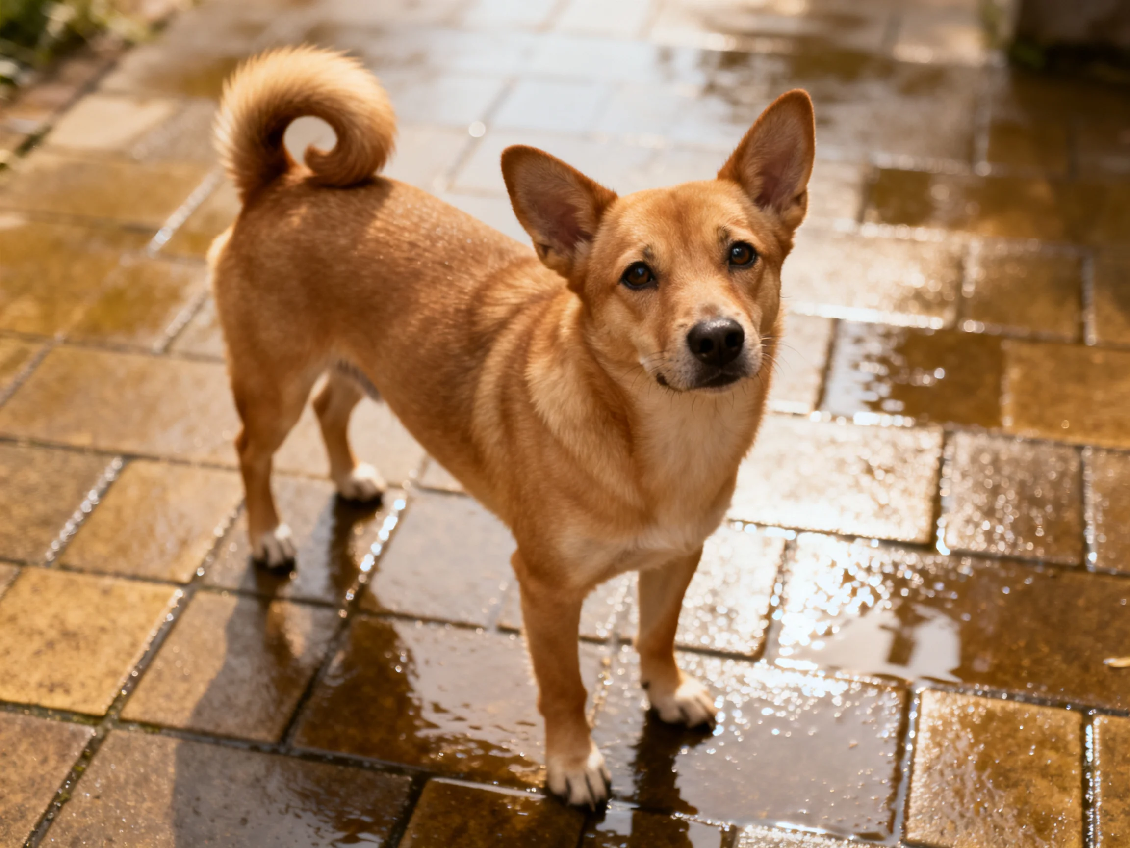 A tan dog stands on glossy wet pavement tiles