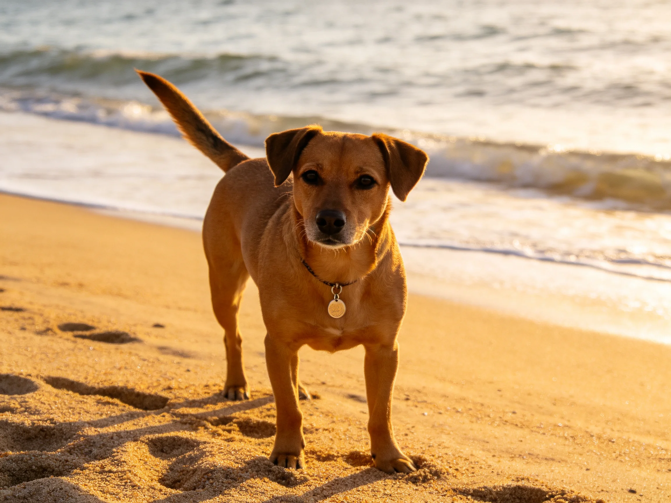 A tan dog stands on golden sand by the ocean waves