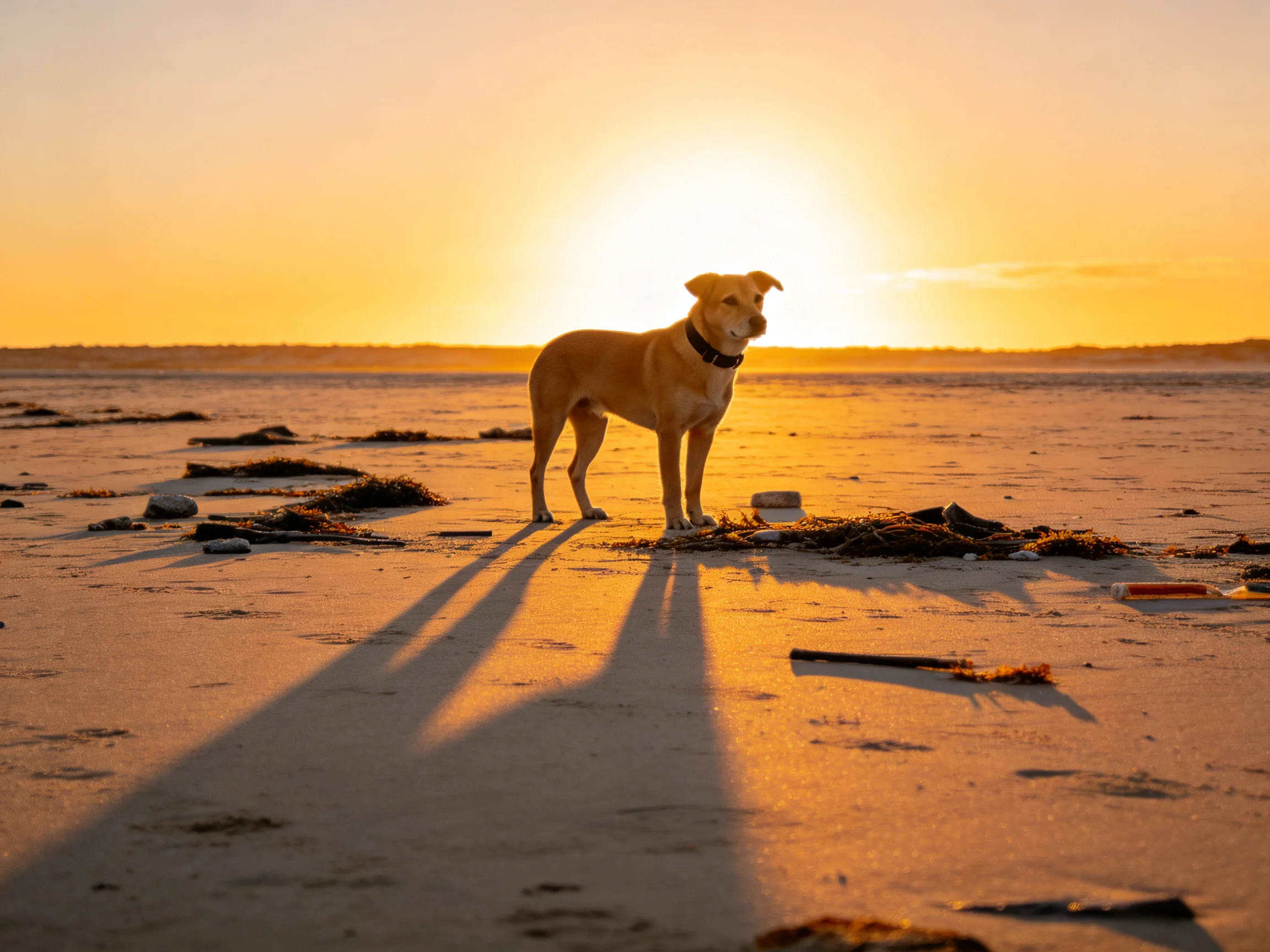 A tan dog stands on sandy beach at golden hour