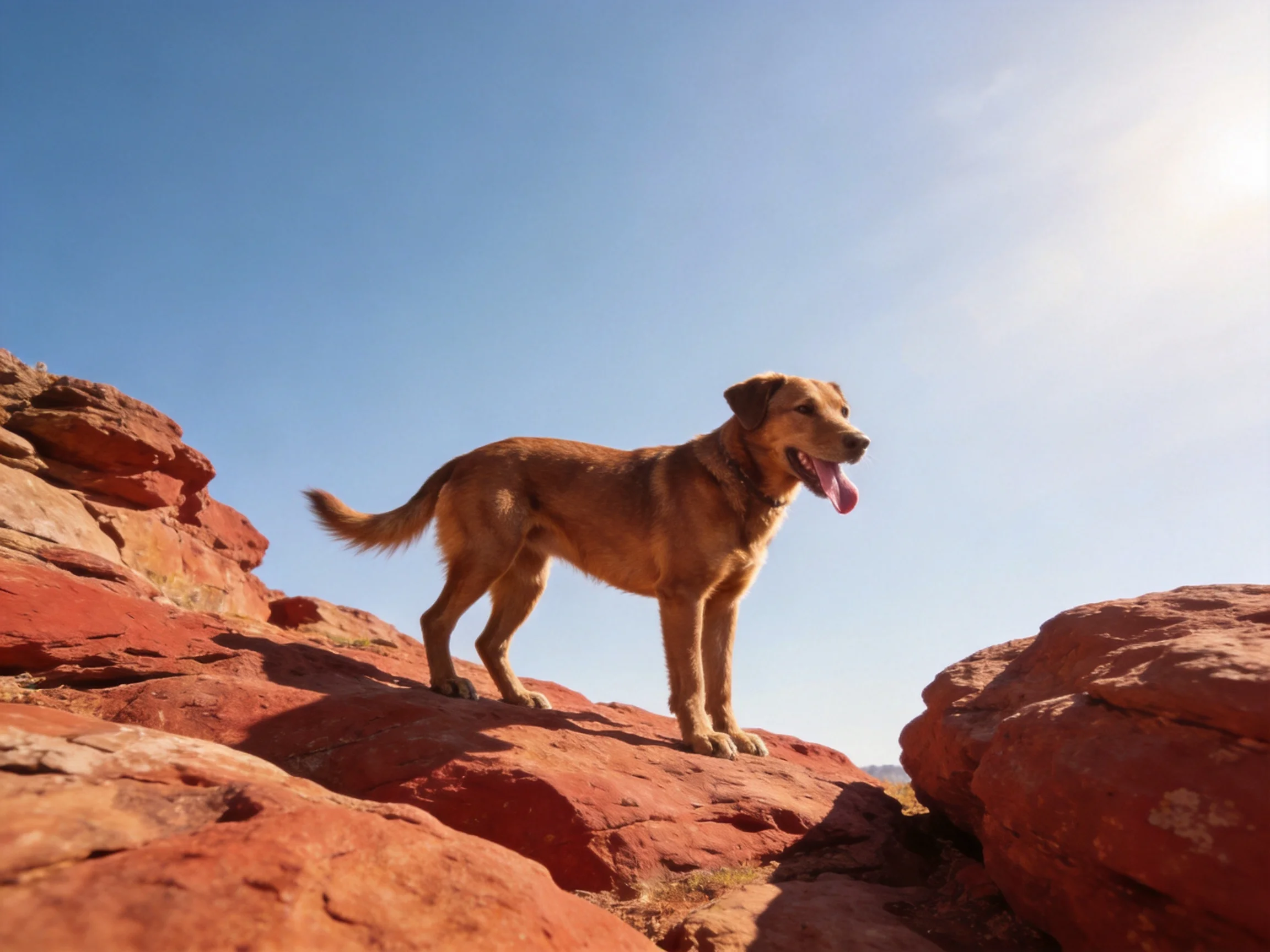 A tan dog stands on red rock formations in a sunlit natural setting.