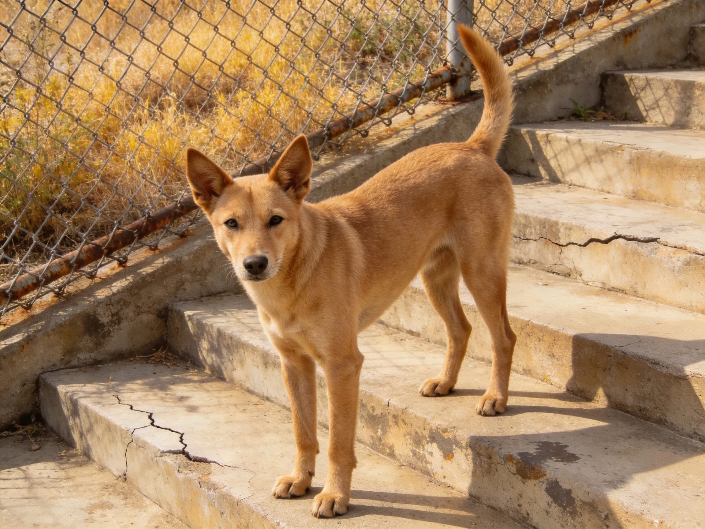 A tan dog stands on concrete steps beside a chain-link fence.