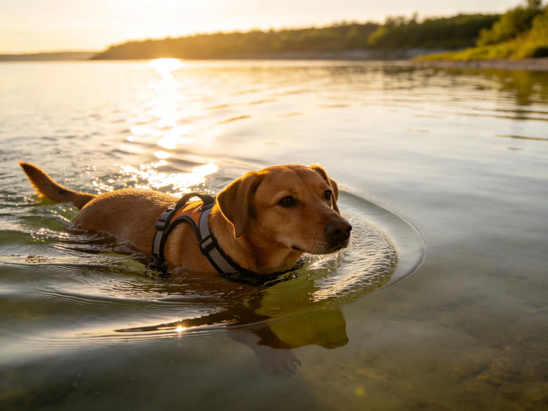 A tan dog swims in calm lake waters near a forested shoreline.