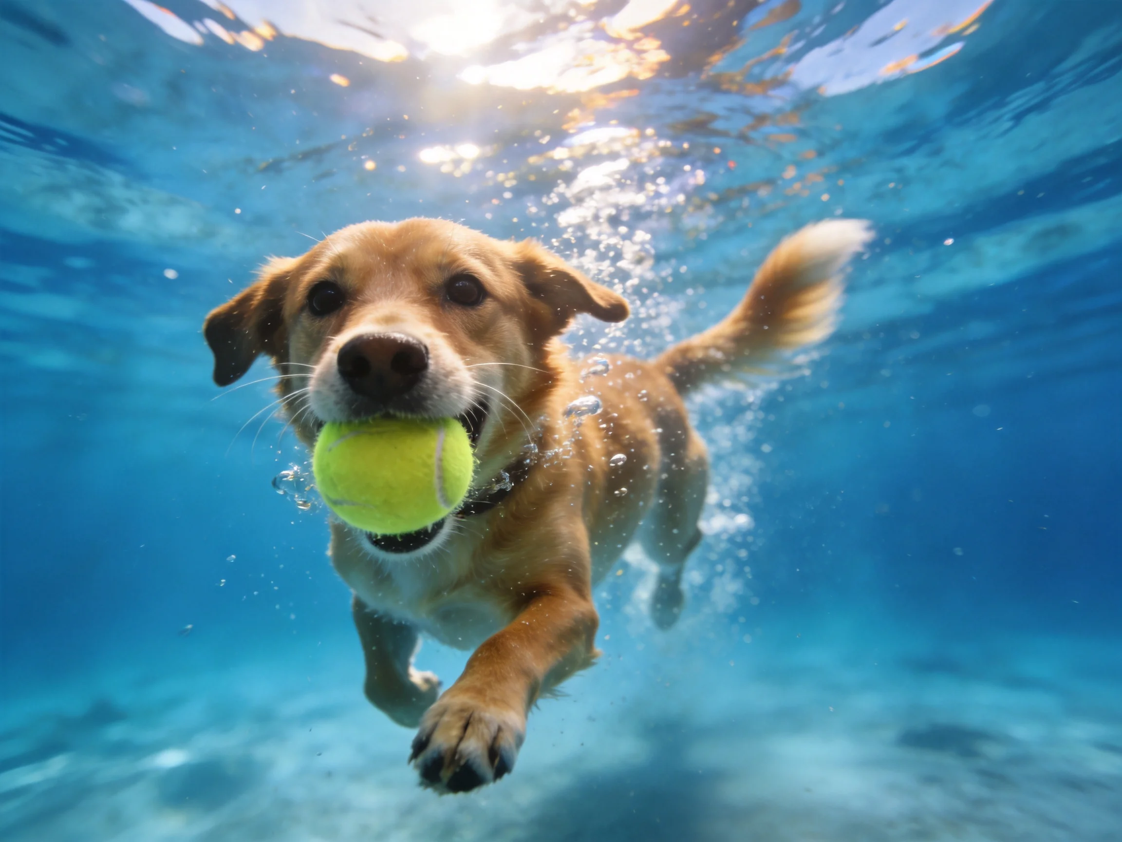 A tan dog swims underwater while holding a bright yellow tennis ball.