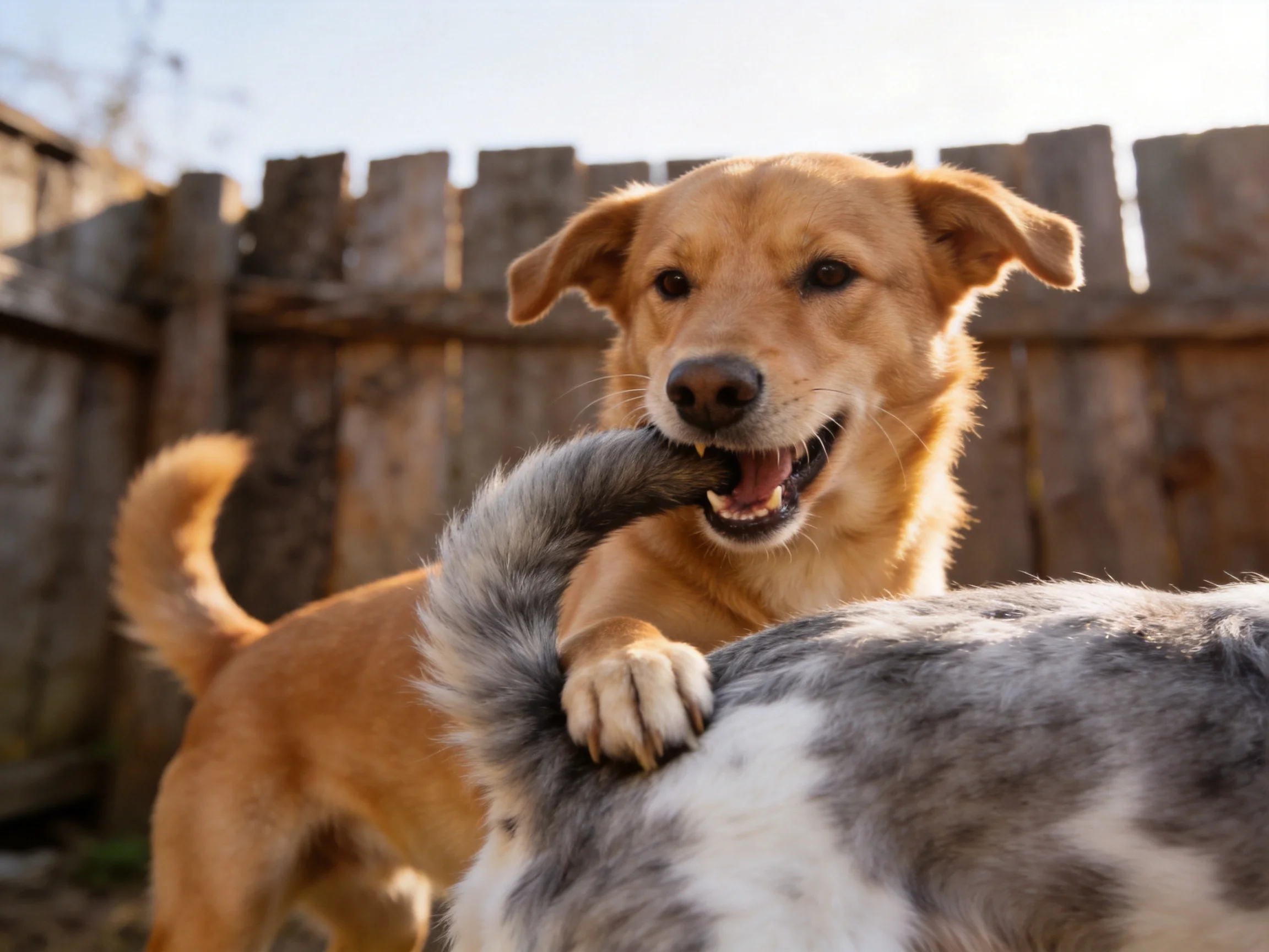 A tan dog tugs at a gray-and-white dog beside a wooden fence