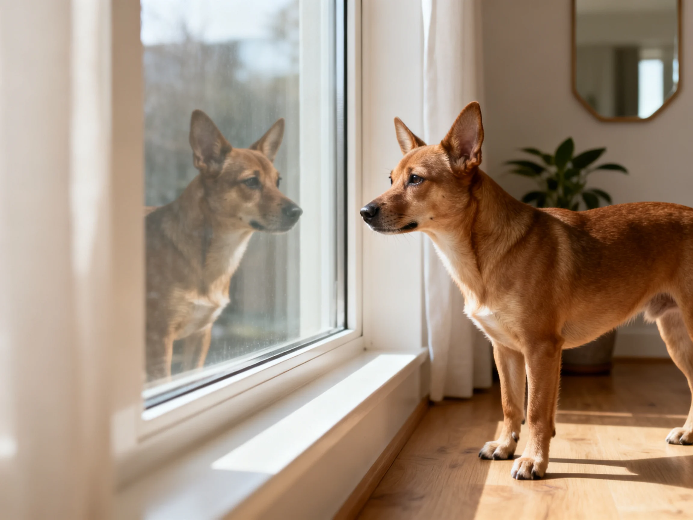 A tan dog looks toward its reflection in a sunlit window inside a home.