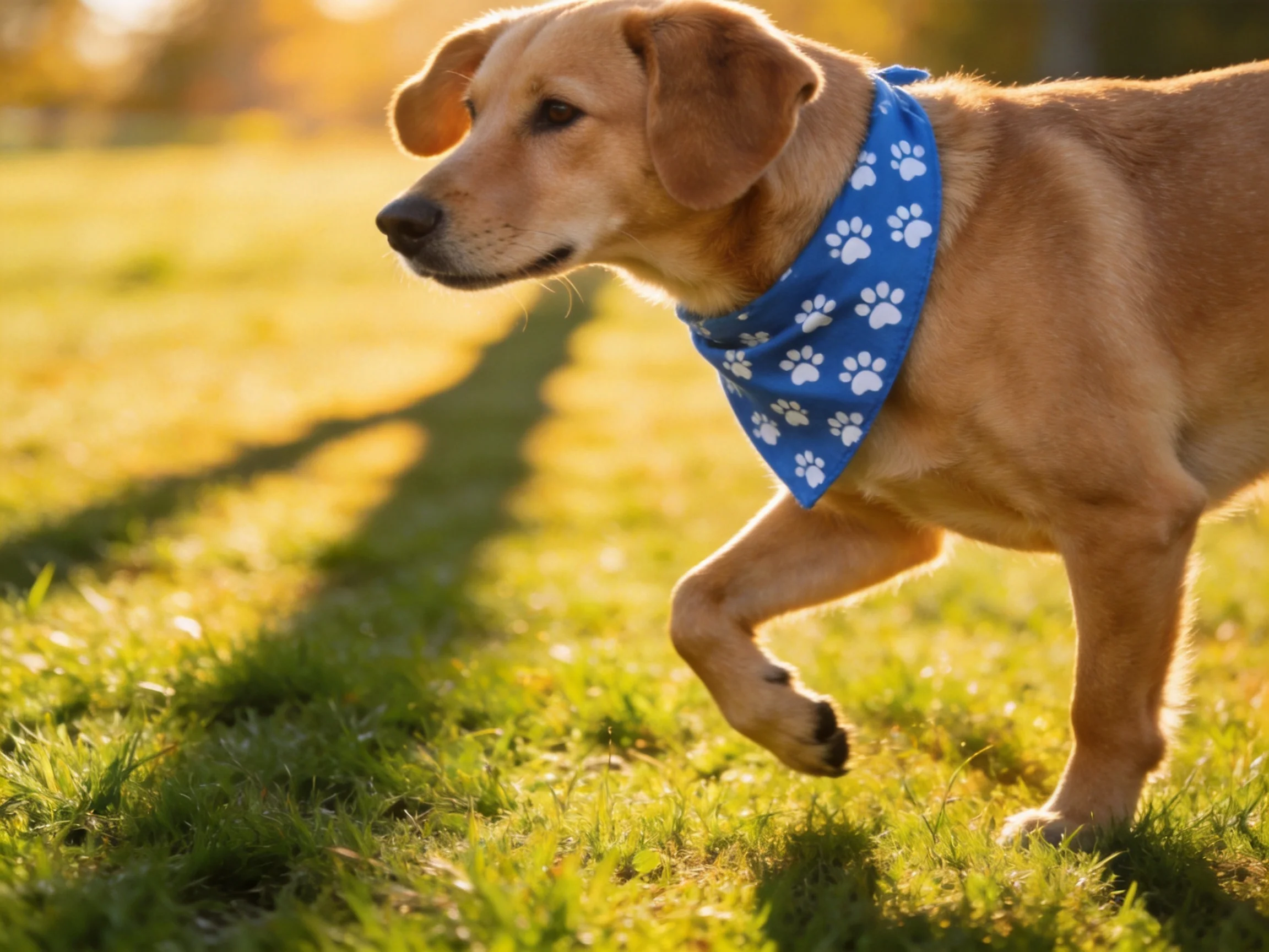 A tan dog with a blue paw-print bandana runs on grass