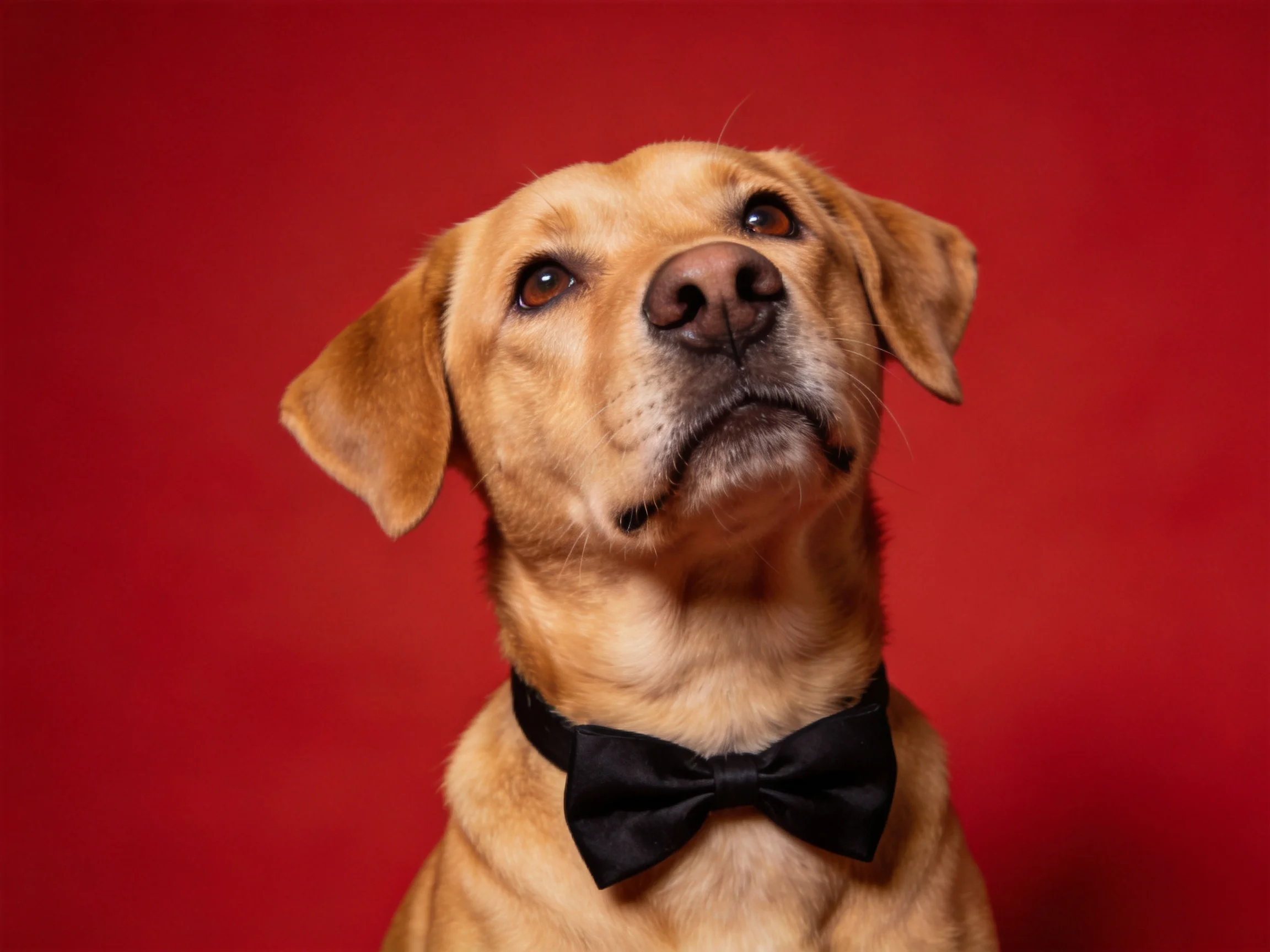 A tan dog with a black bow tie posed on a solid red backdrop