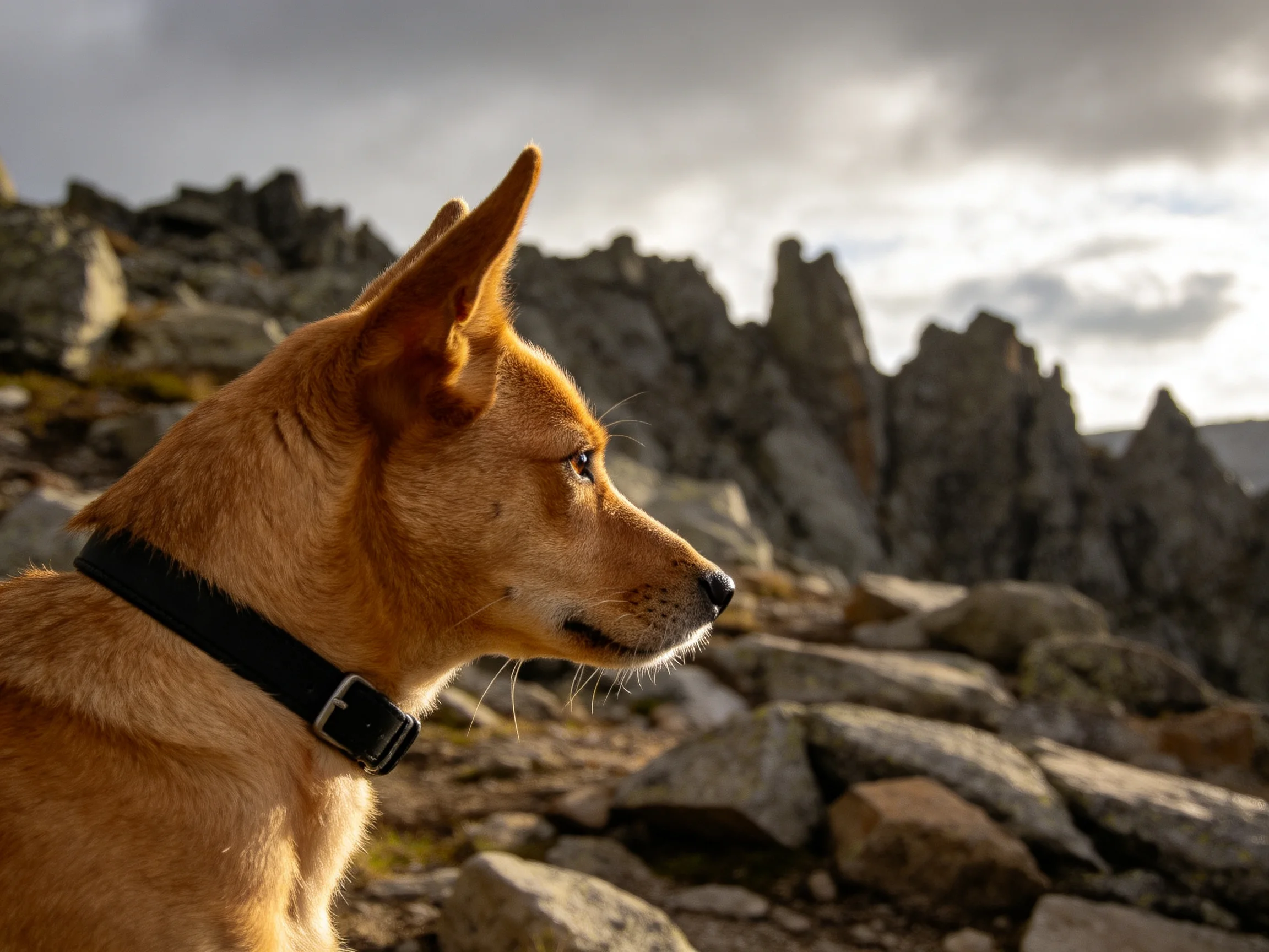 A tan dog with a black collar gazes at jagged rock formations under moody skies