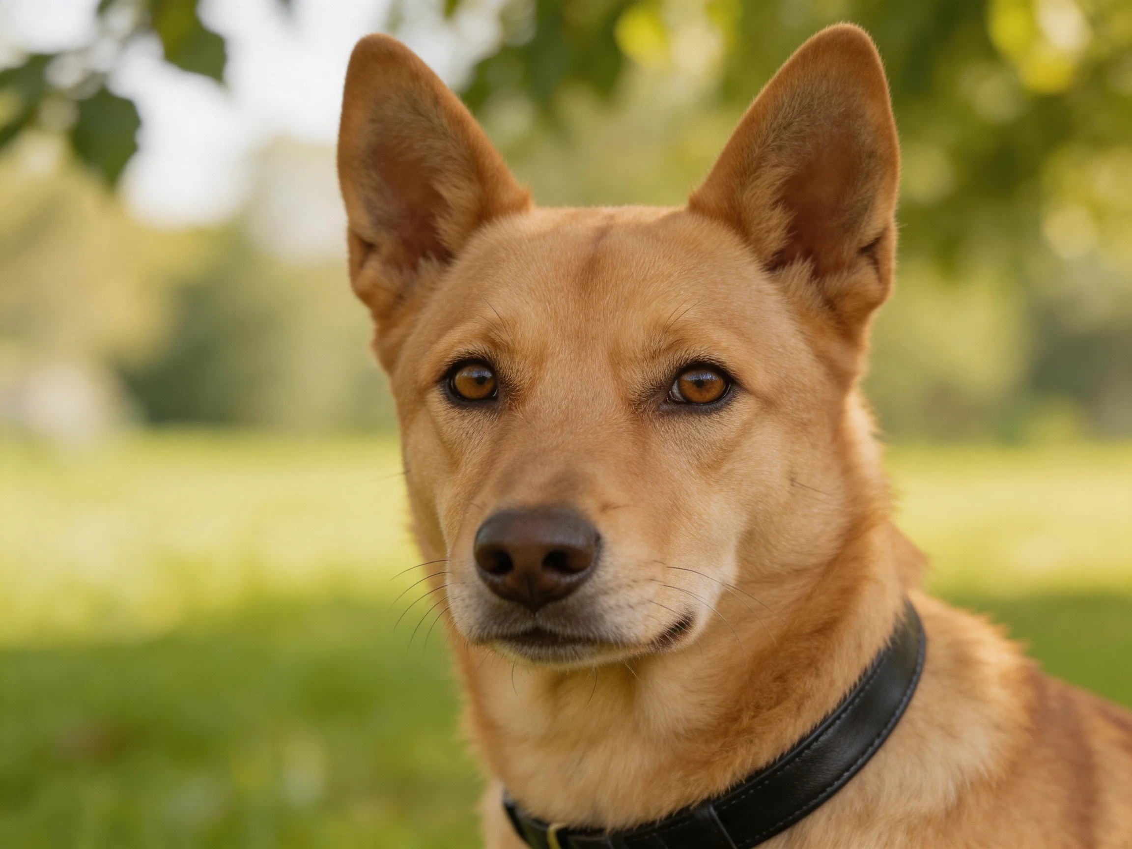 A tan dog with a black collar is photographed outdoors.